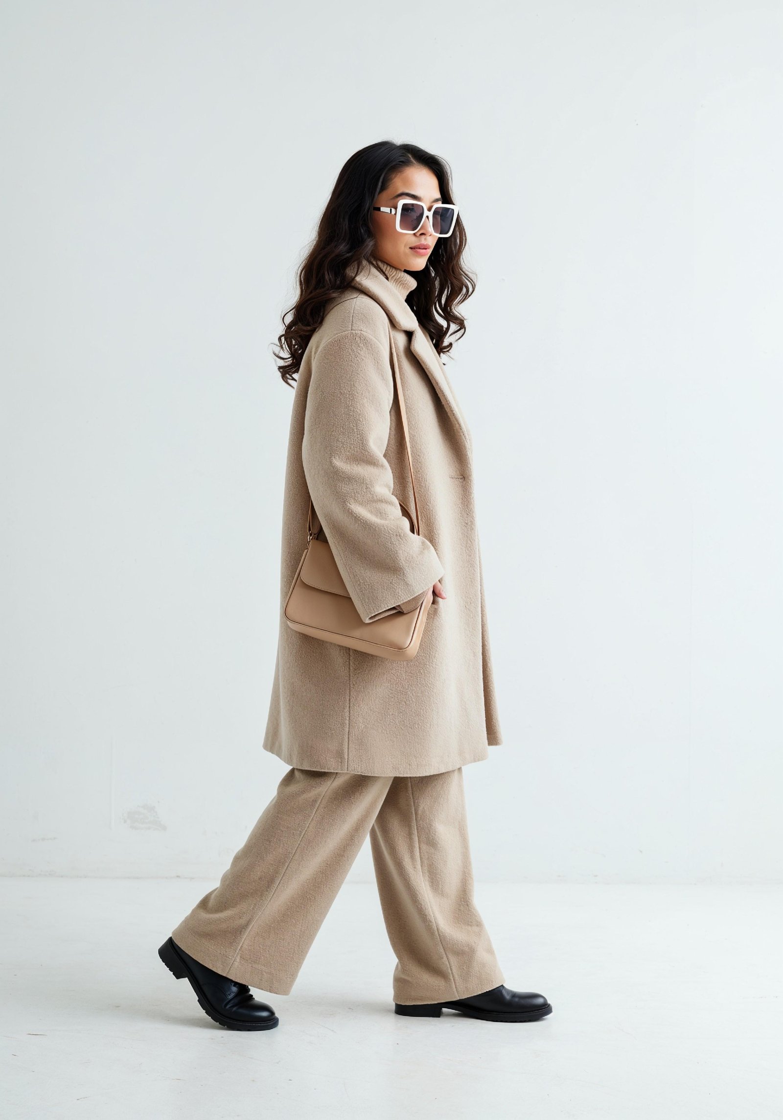 Elegant Young Woman in Coat and Matching Trousers Fashion Portrait
