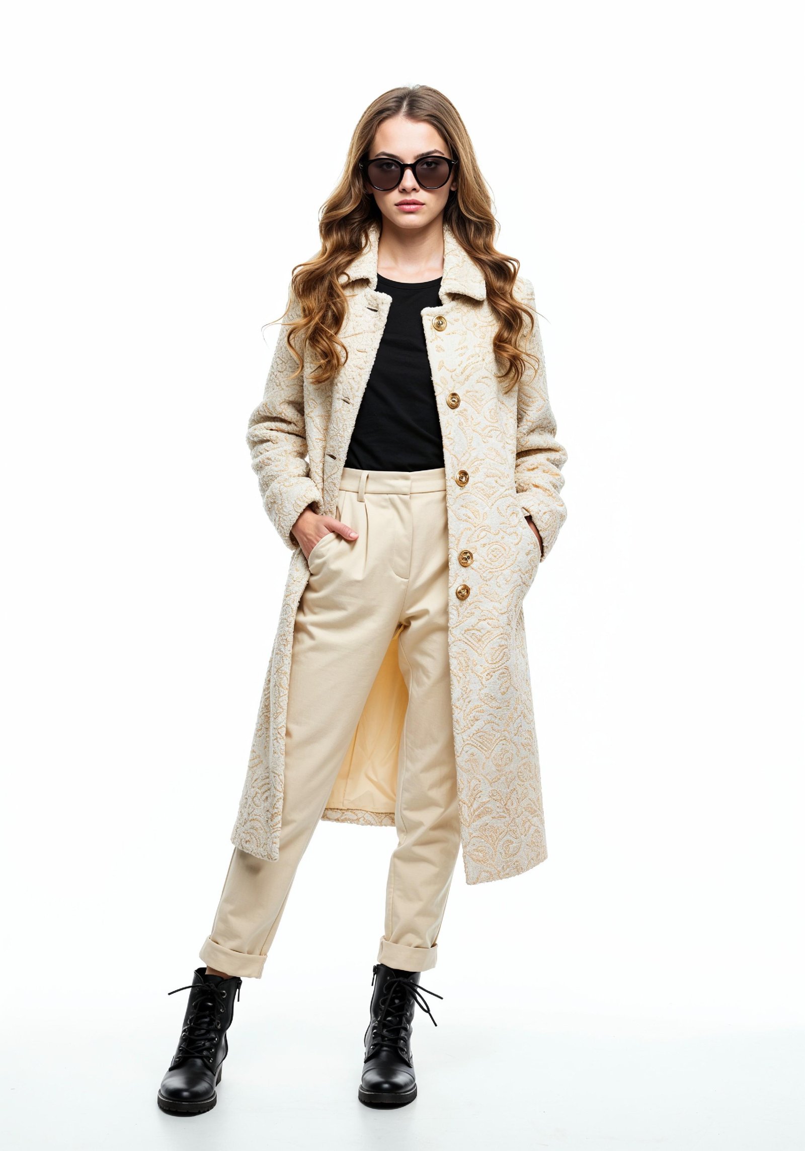 Elegant Young Woman in Coat and Matching Trousers Fashion Portrait