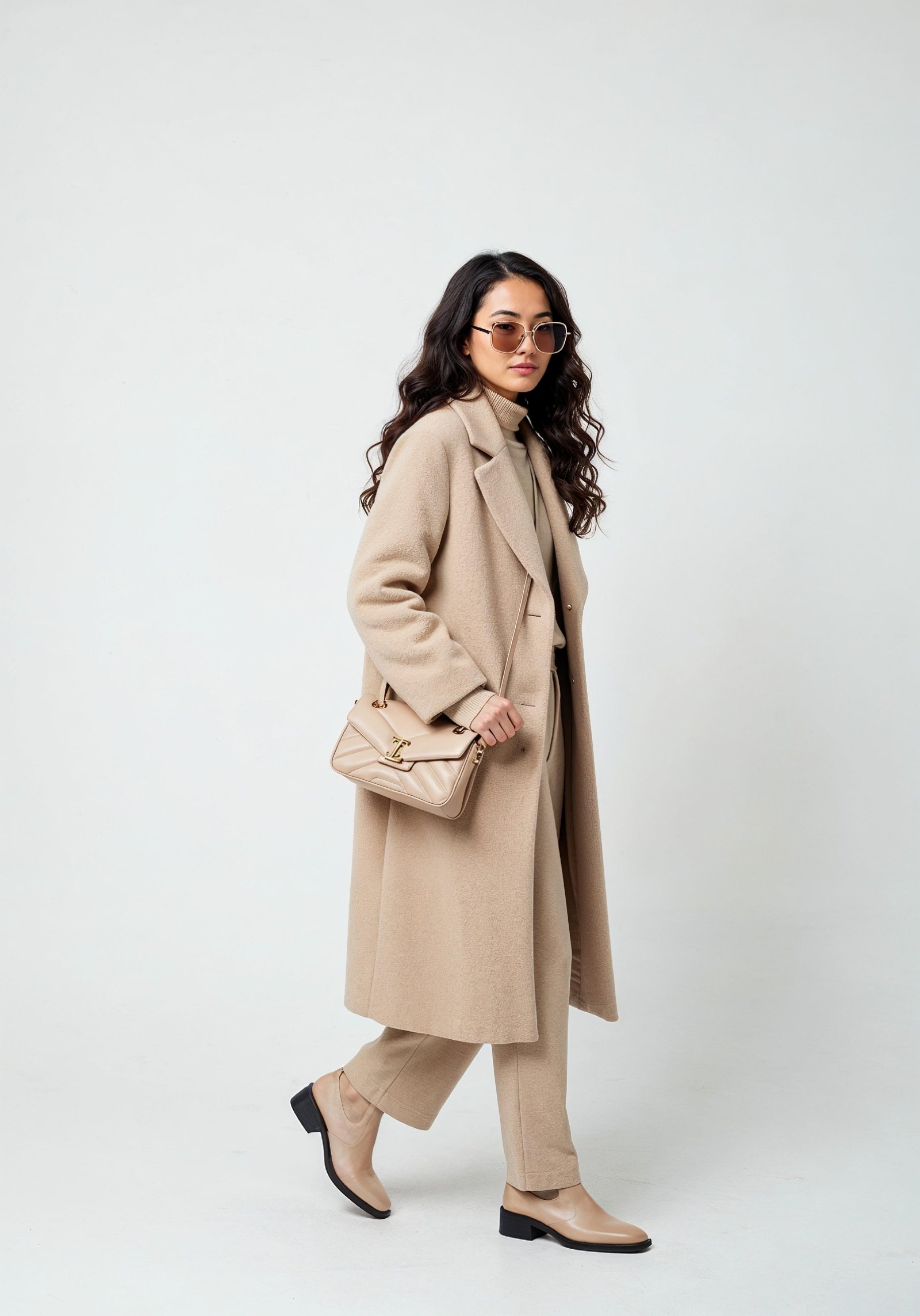 Elegant Young Woman in Coat and Matching Trousers Fashion Portrait