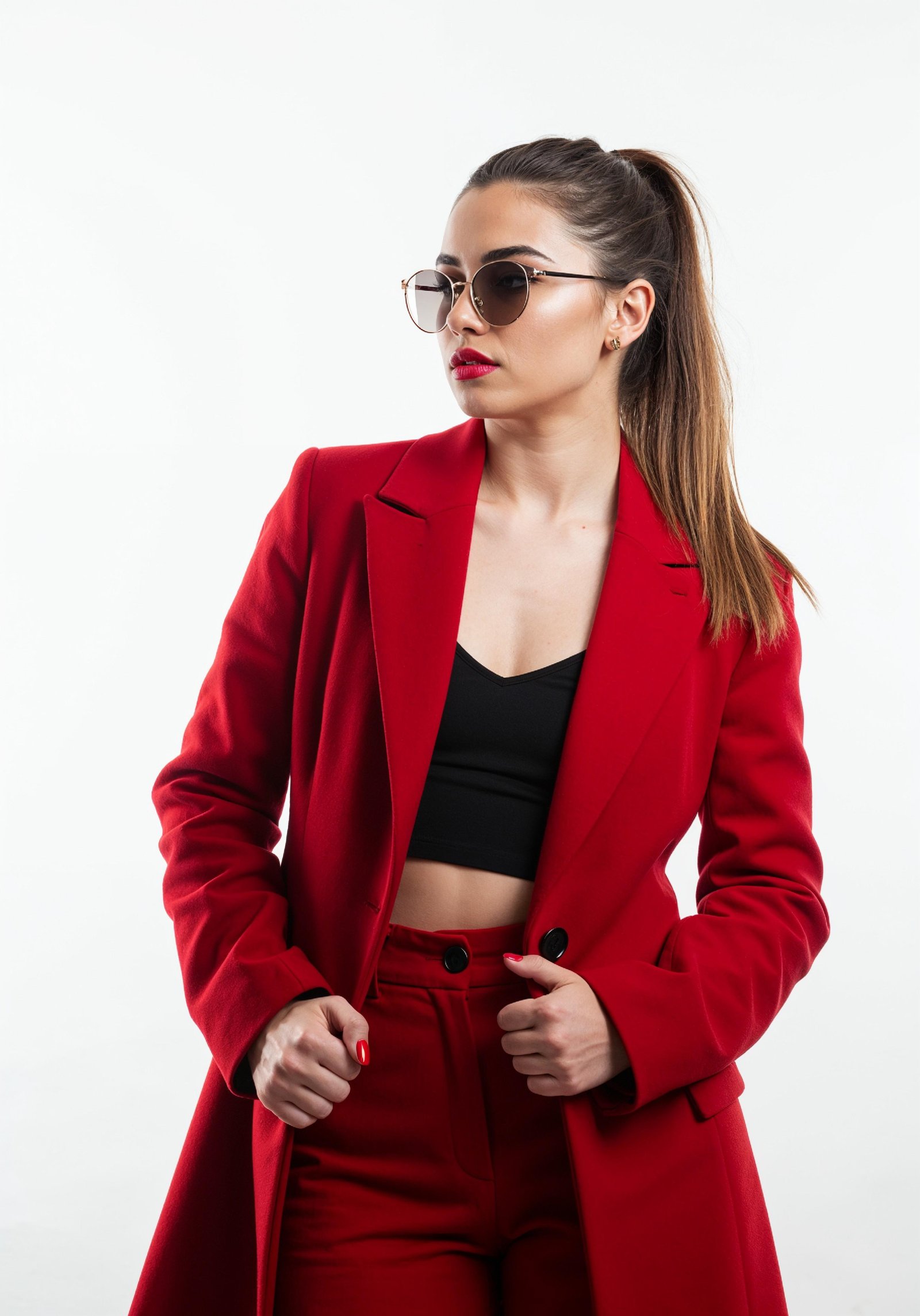 Elegant Young Woman in Coat and Matching Trousers Fashion Portrait