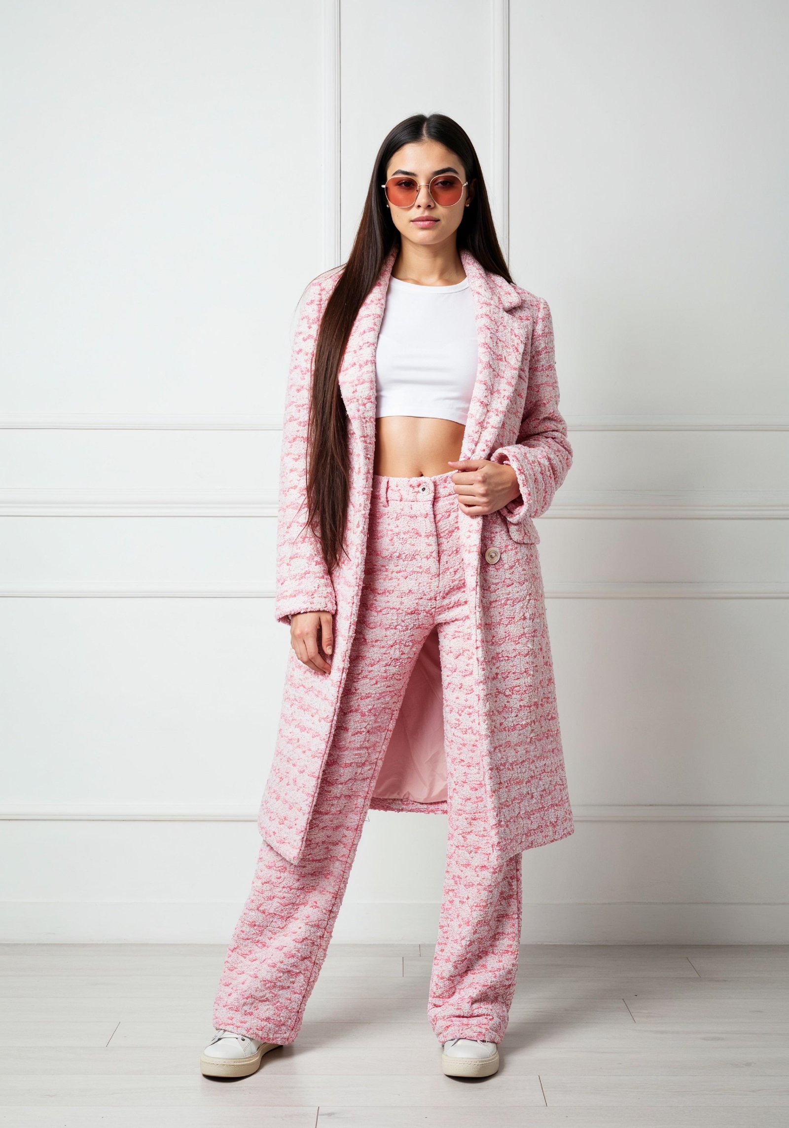 Elegant Young Woman in Coat and Matching Trousers Fashion Portrait