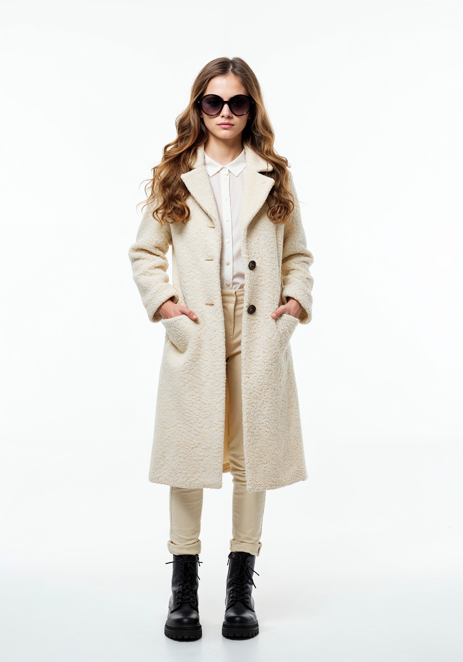 Elegant Young Woman in Coat and Matching Trousers Fashion Portrait