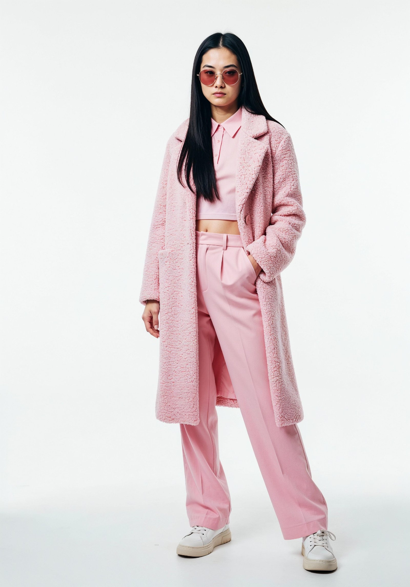 Elegant Young Woman in Coat and Matching Trousers Fashion Portrait