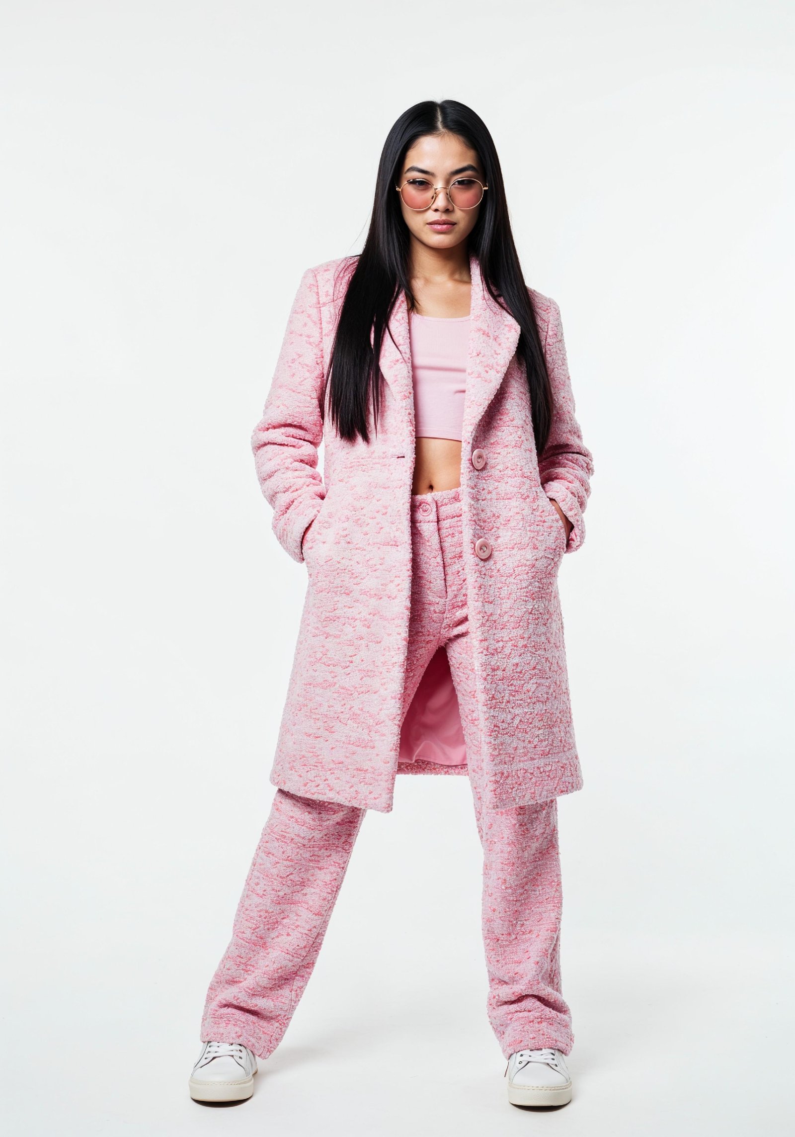 Elegant Young Woman in Coat and Matching Trousers Fashion Portrait