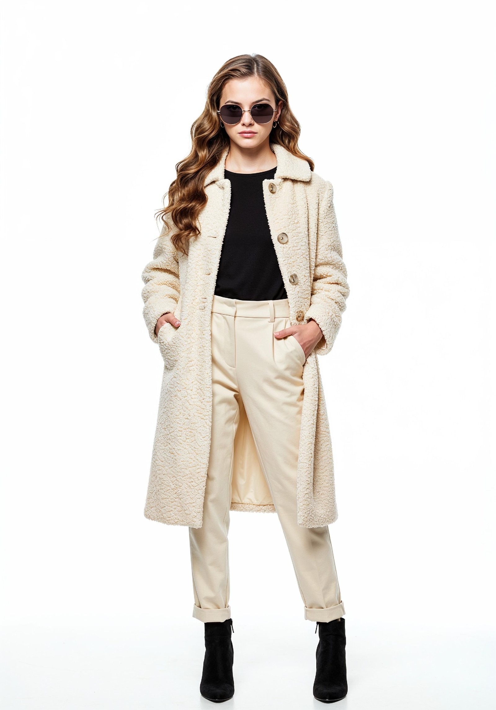 Elegant Young Woman in Coat and Matching Trousers Fashion Portrait