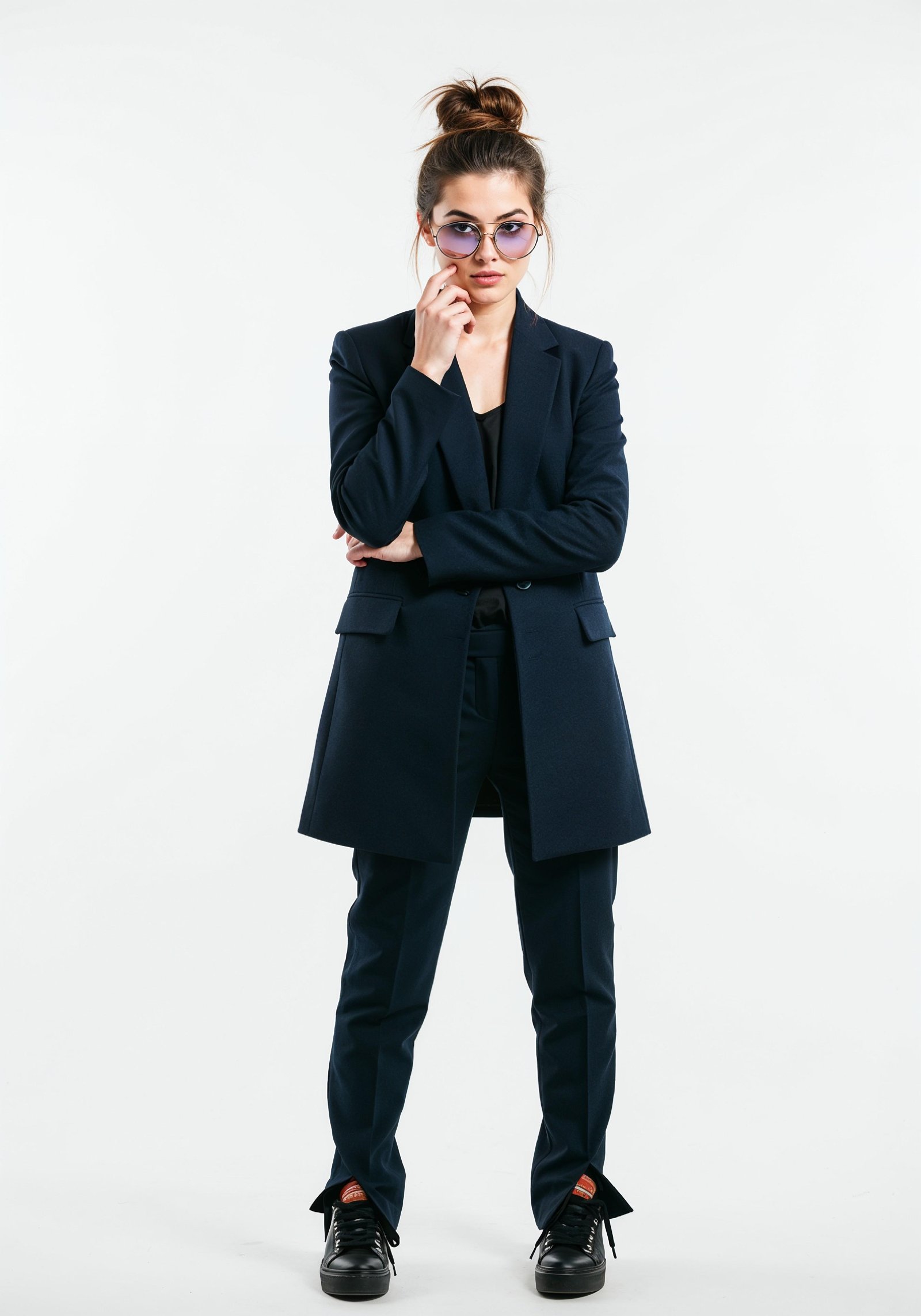 Elegant Young Woman in Coat and Matching Trousers Fashion Portrait