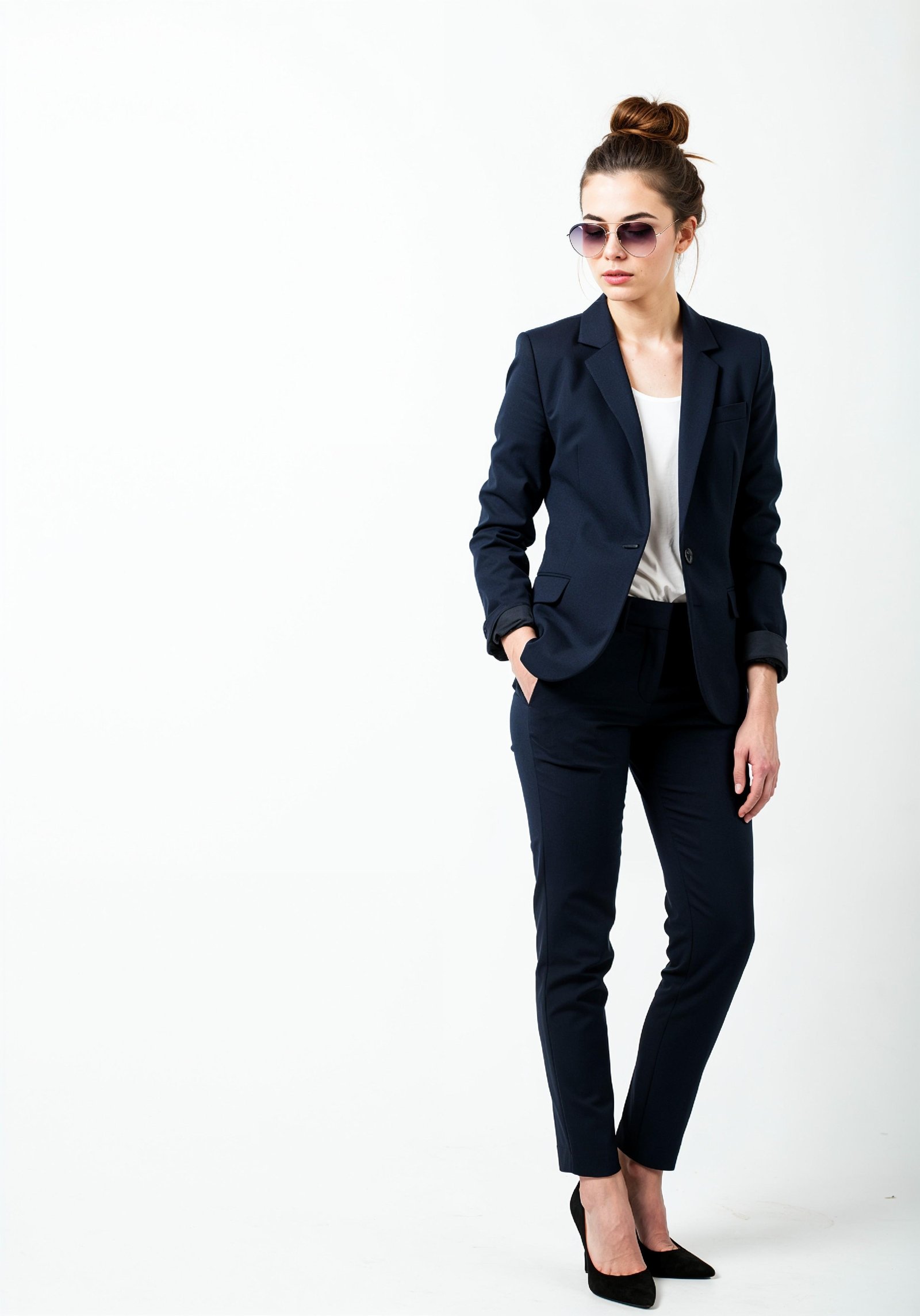 Elegant Young Woman in Coat and Matching Trousers Fashion Portrait