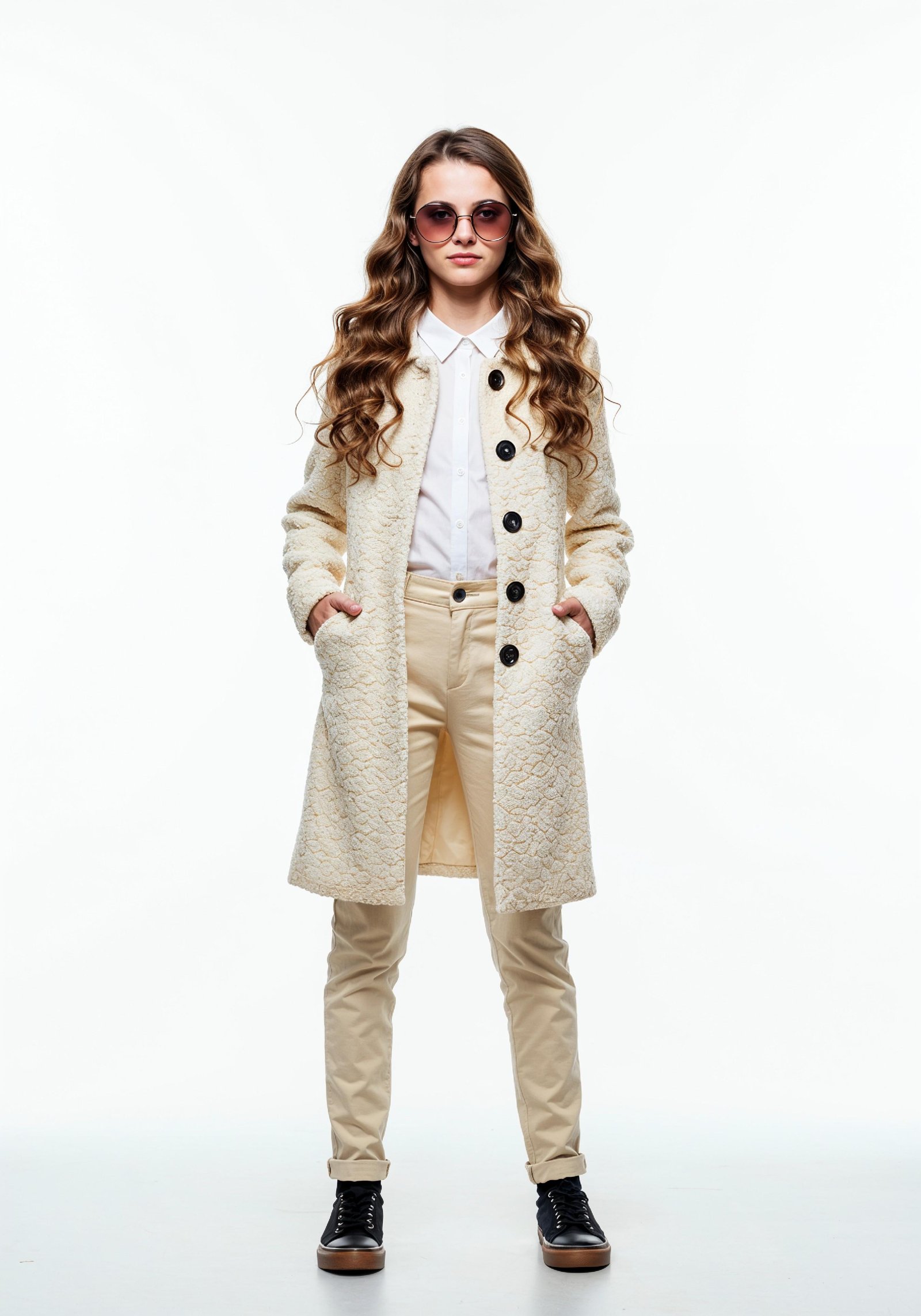 Elegant Young Woman in Coat and Matching Trousers Fashion Portrait
