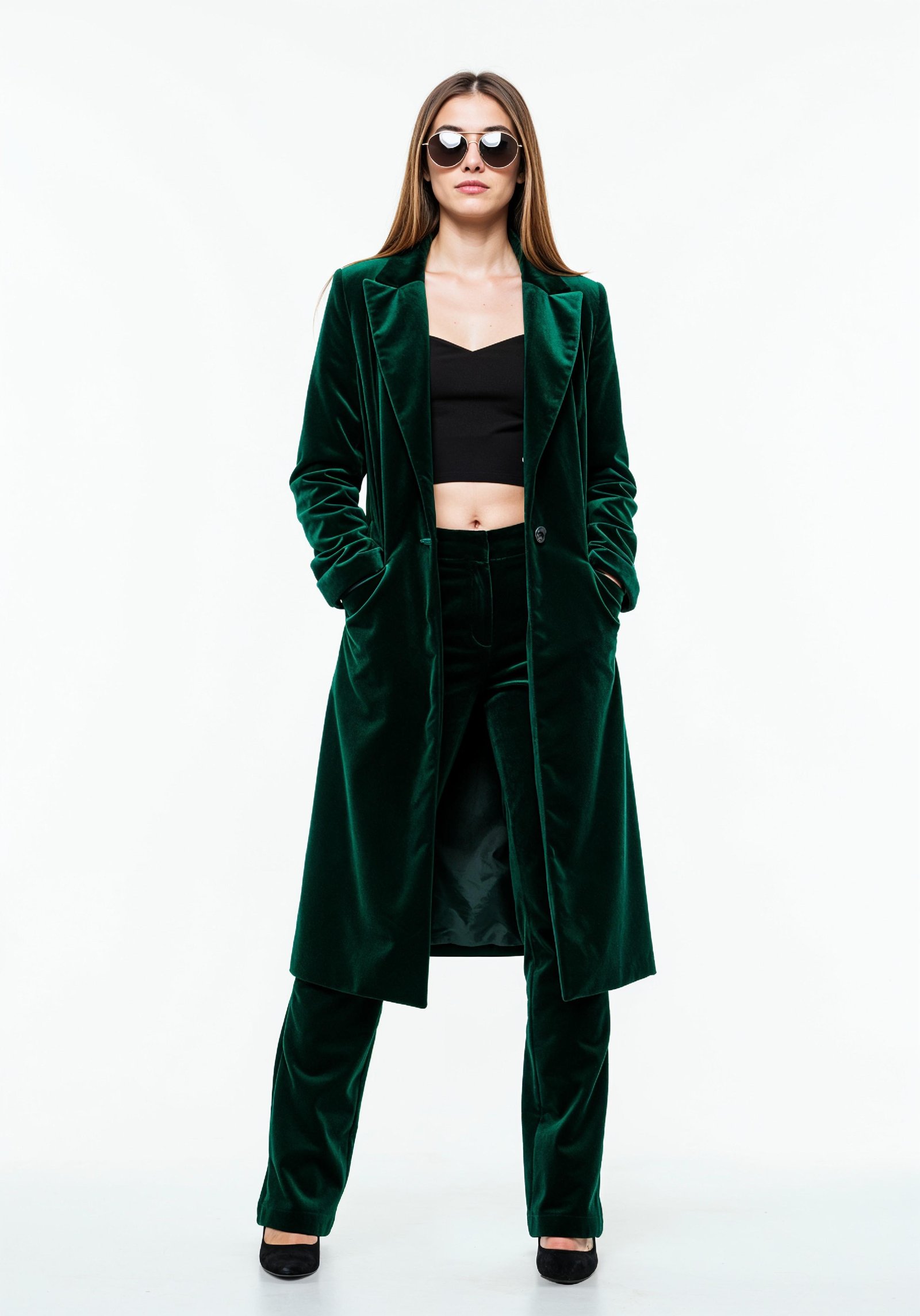 Elegant Young Woman in Coat and Matching Trousers Fashion Portrait