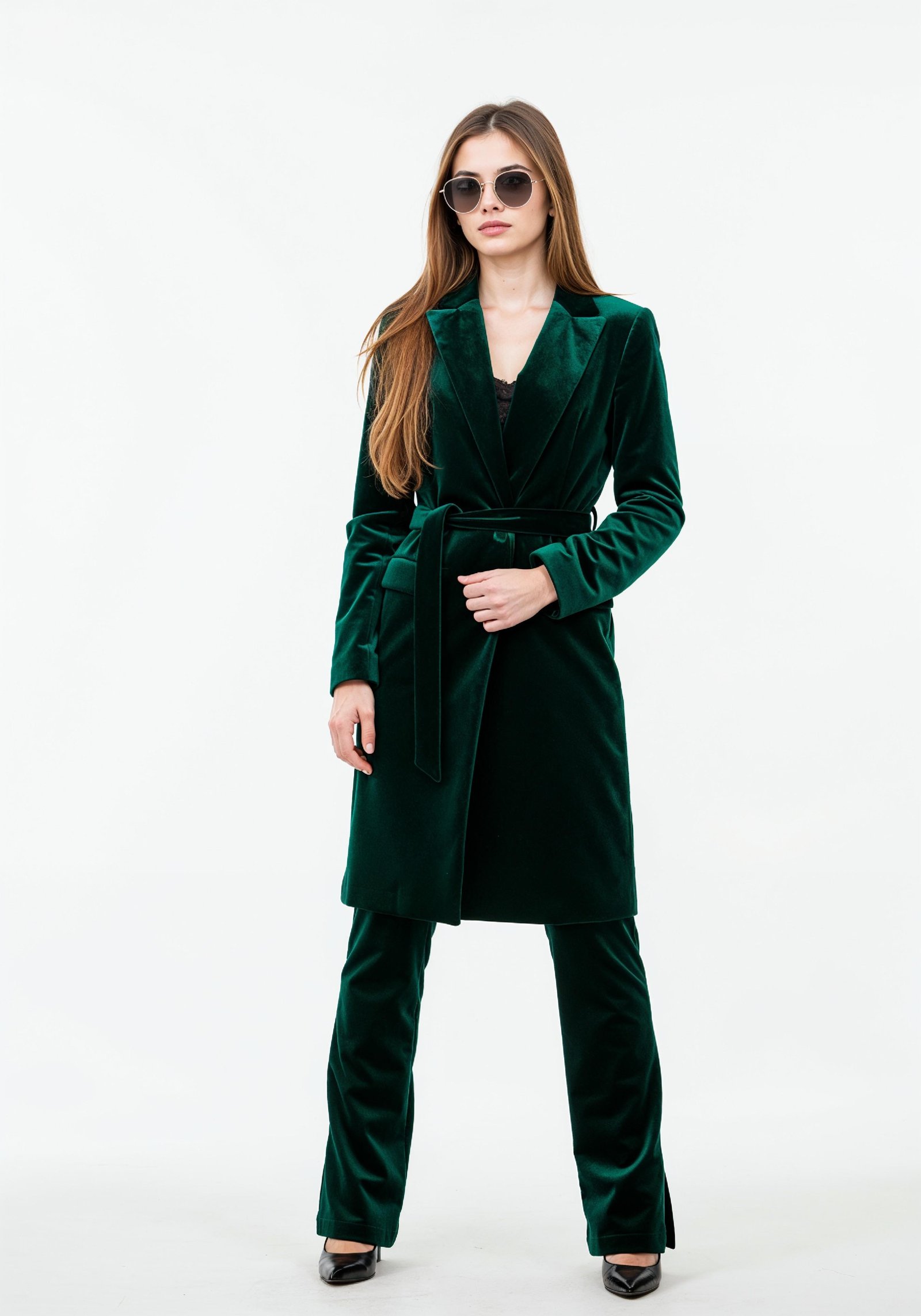 Elegant Young Woman in Coat and Matching Trousers Fashion Portrait