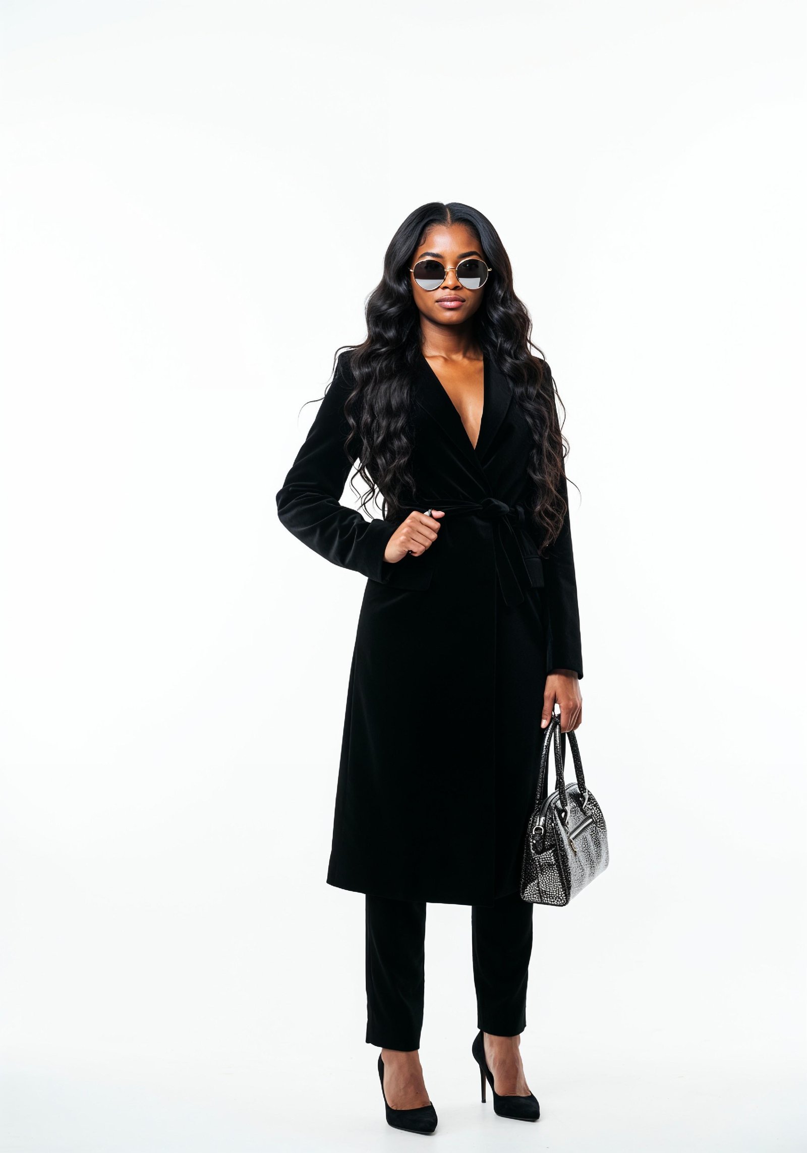 Elegant Young Woman in Coat and Matching Trousers Fashion Portrait
