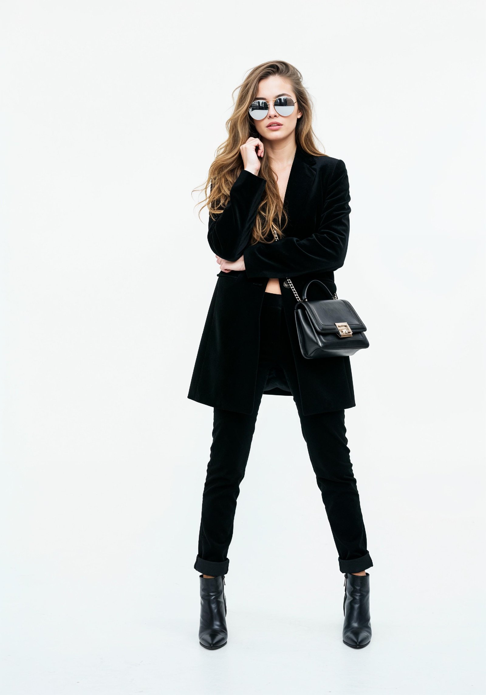 Elegant Young Woman in Coat and Matching Trousers Fashion Portrait