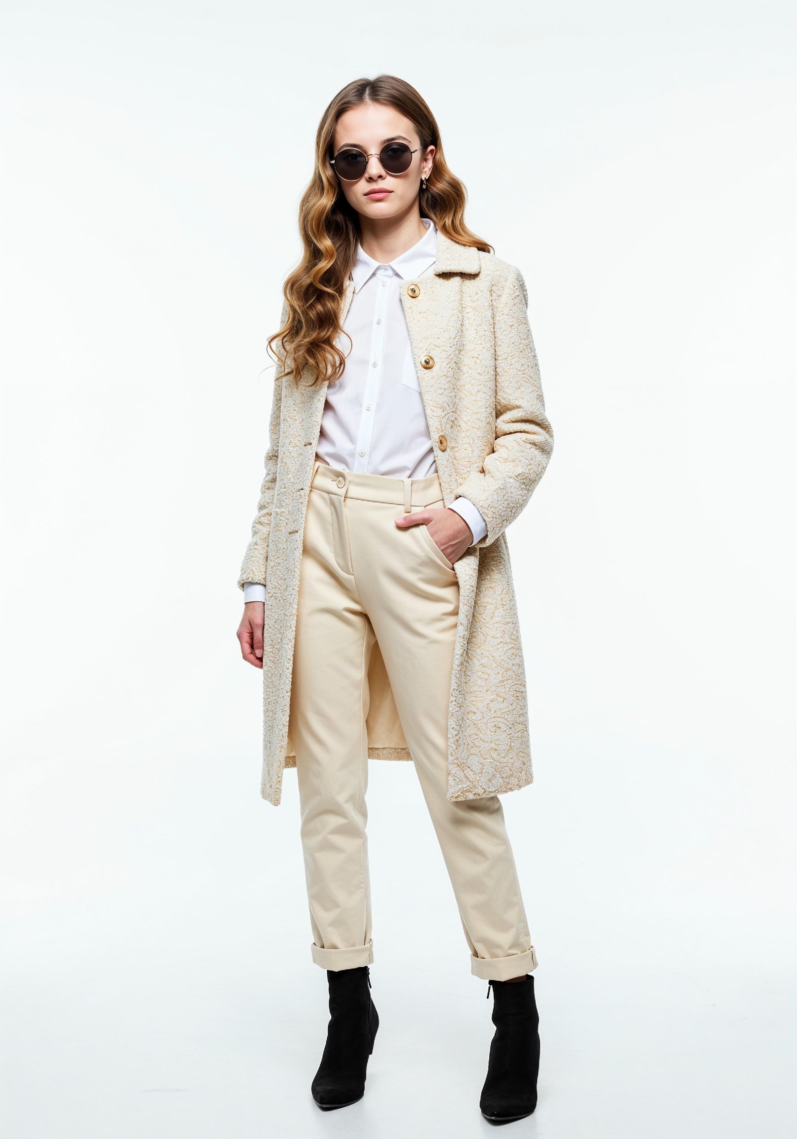 Elegant Young Woman in Coat and Matching Trousers Fashion Portrait
