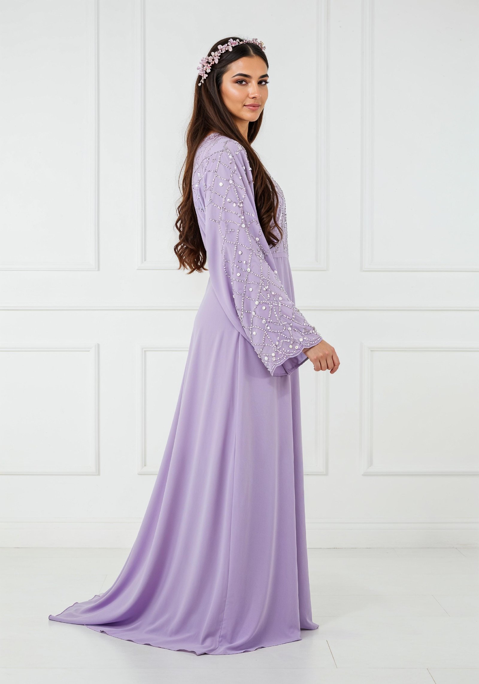 Elegant Young Woman in Lavender Modest Maxi Dress Full Length Fashion Portrait