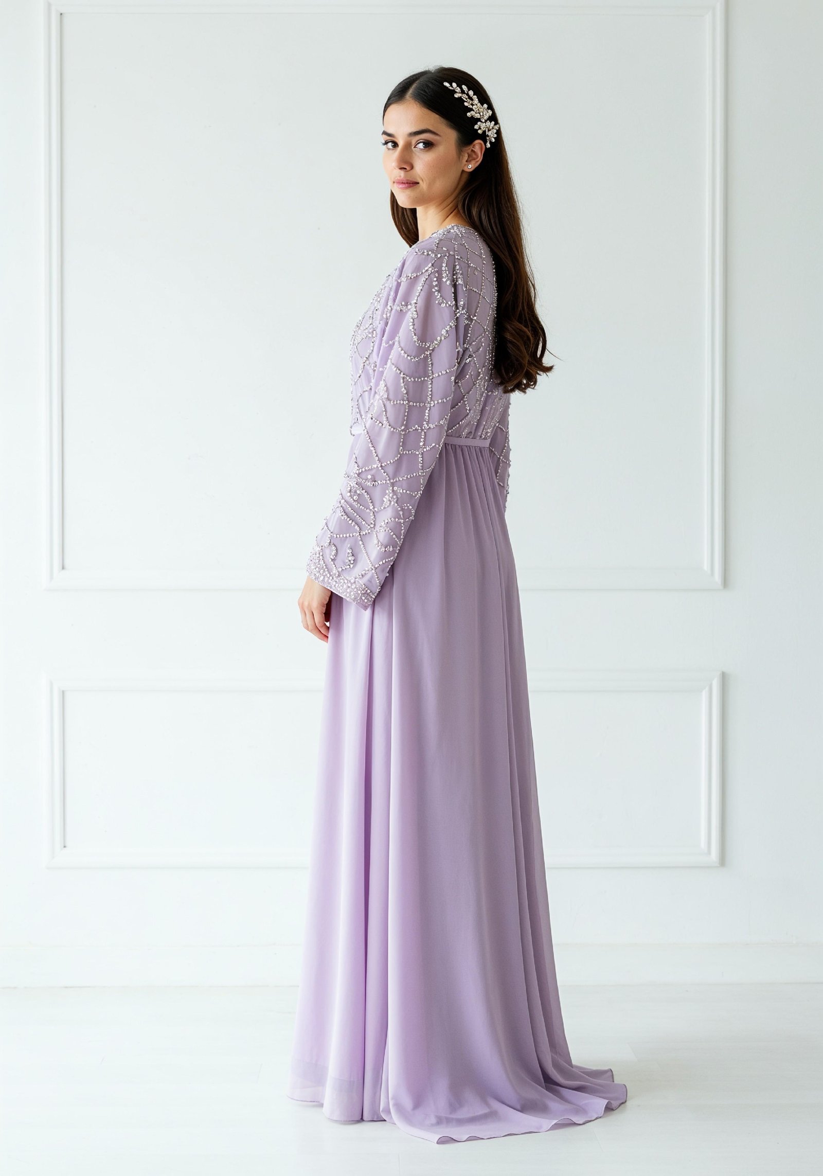 Elegant Young Woman in Lavender Modest Maxi Dress Full Length Fashion Portrait