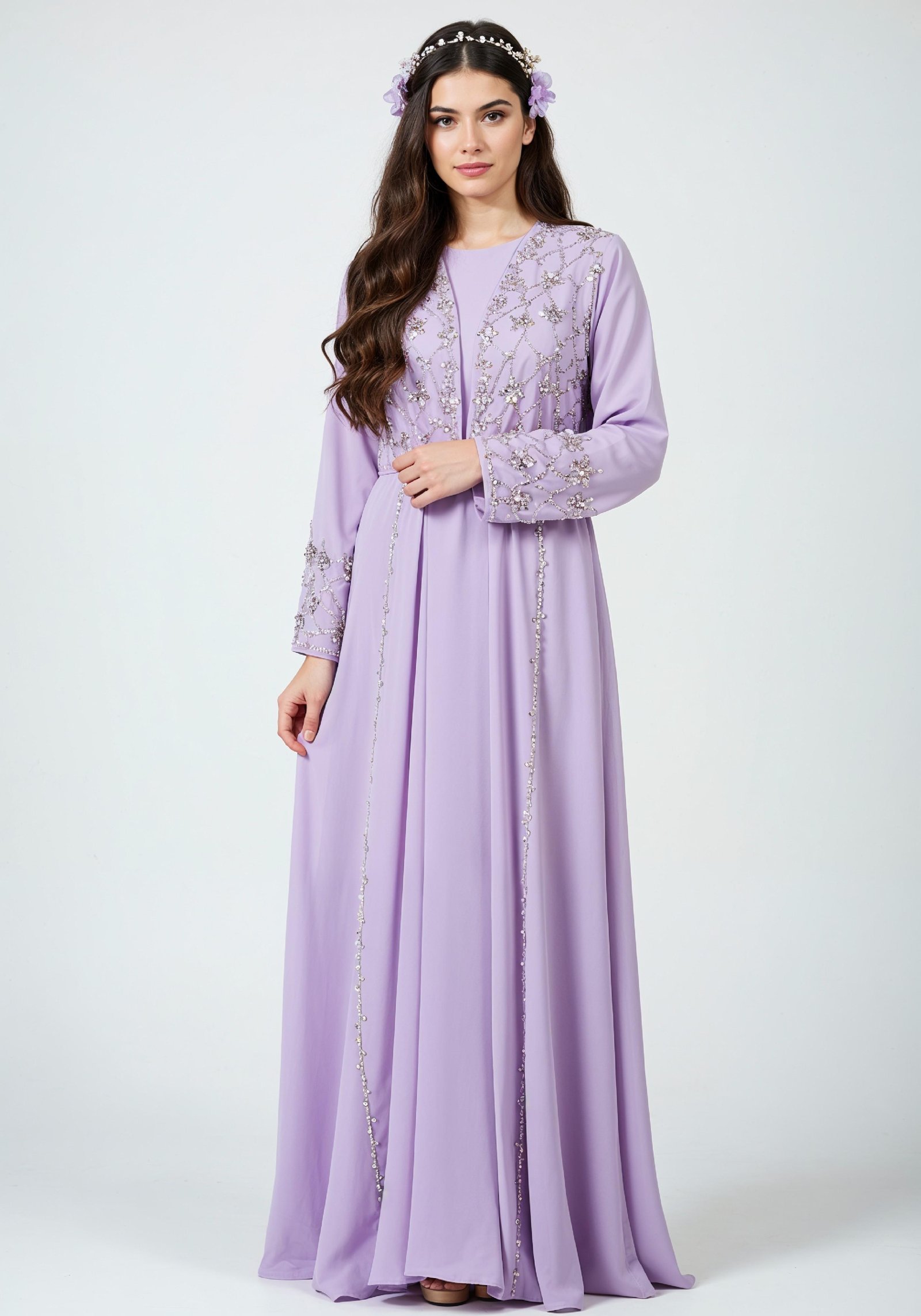 Elegant Young Woman in Lavender Modest Maxi Dress Full Length Fashion Portrait