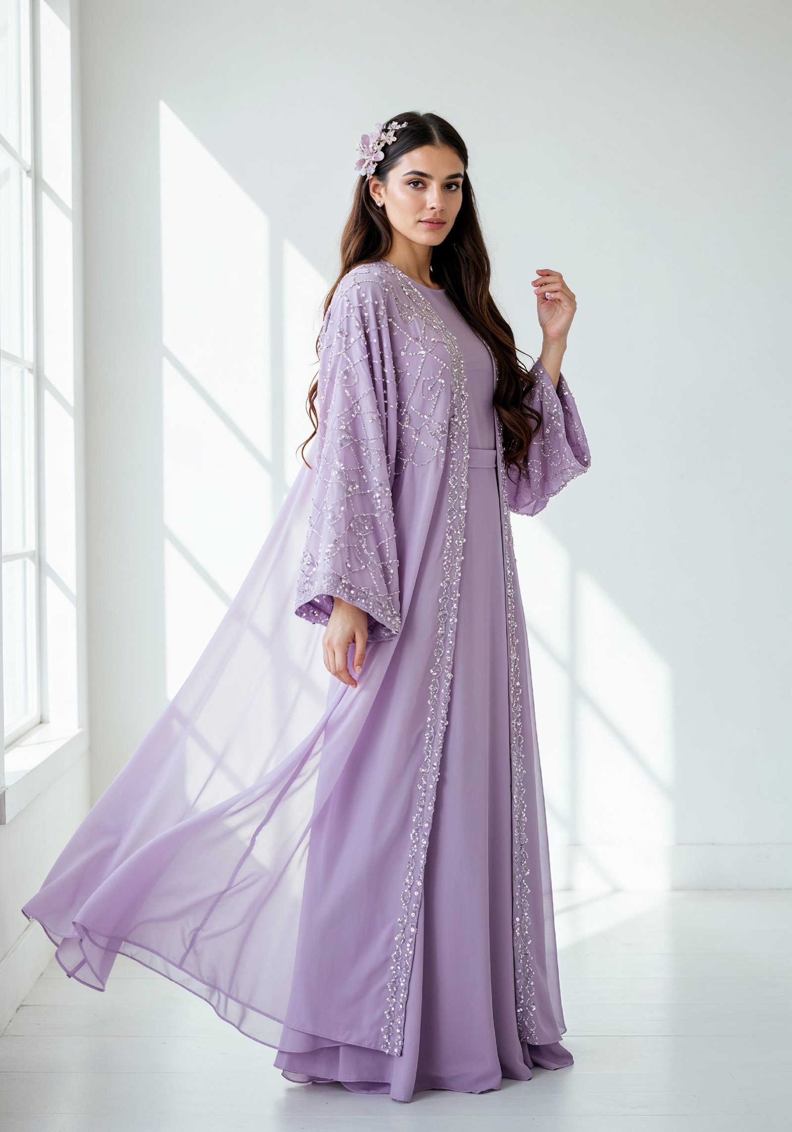 Elegant Young Woman in Lavender Modest Maxi Dress Full Length Fashion Portrait