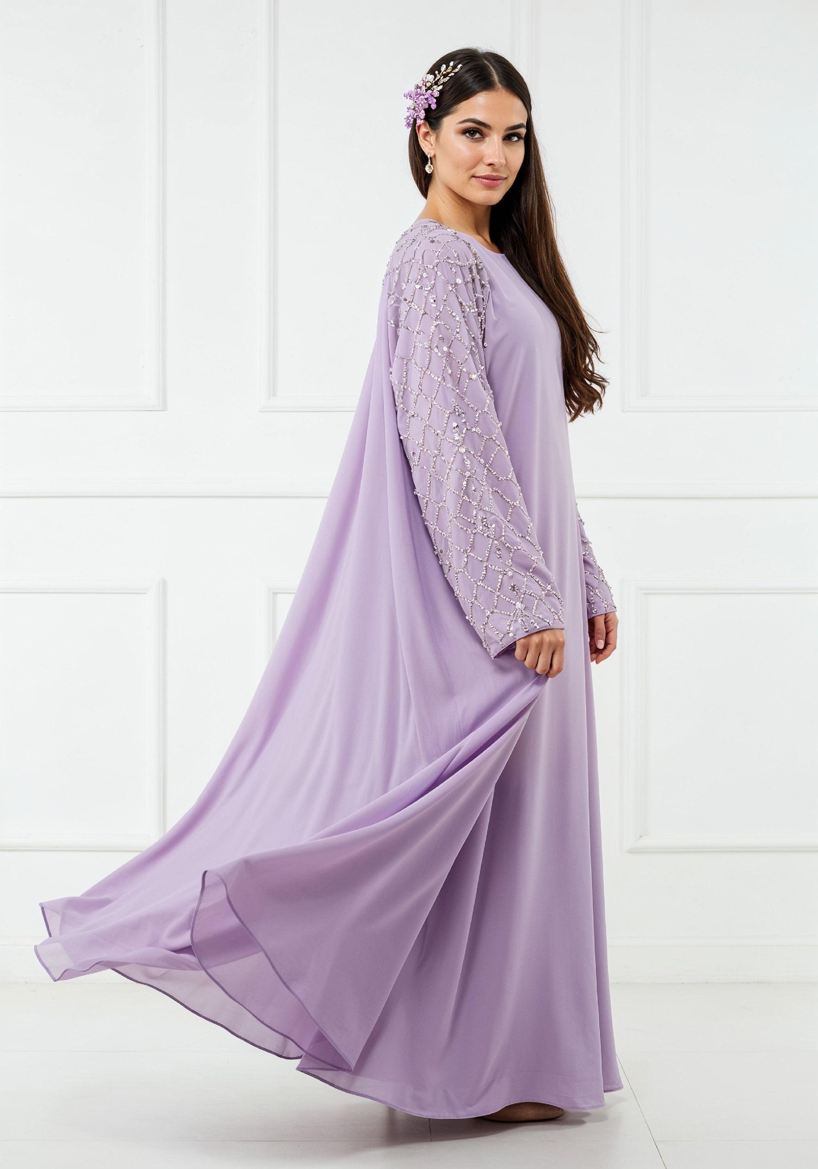 Elegant Young Woman in Lavender Modest Maxi Dress Full Length Fashion Portrait