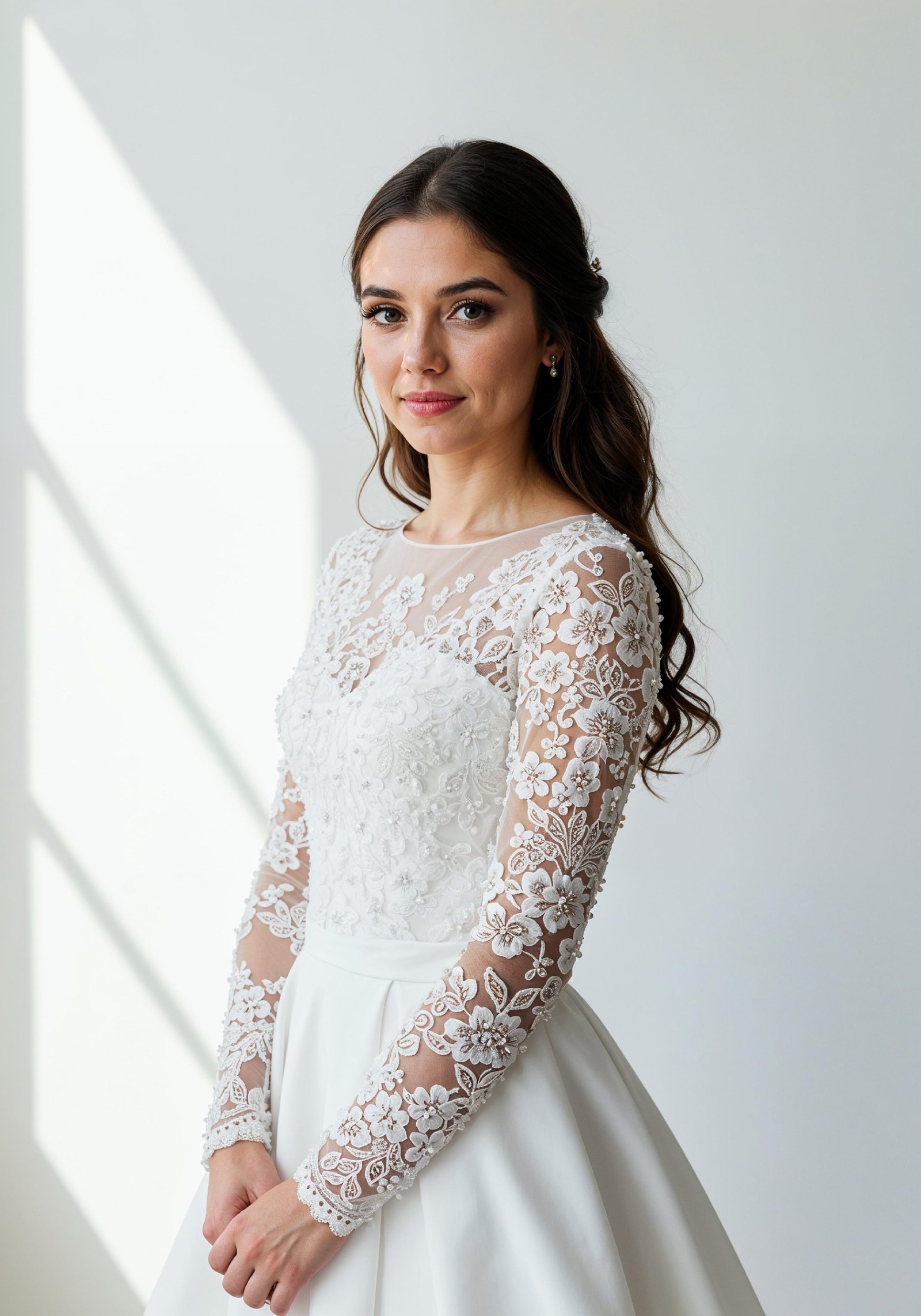 Elegant Young Woman in Luxury White Bridal Gown with Lace Details