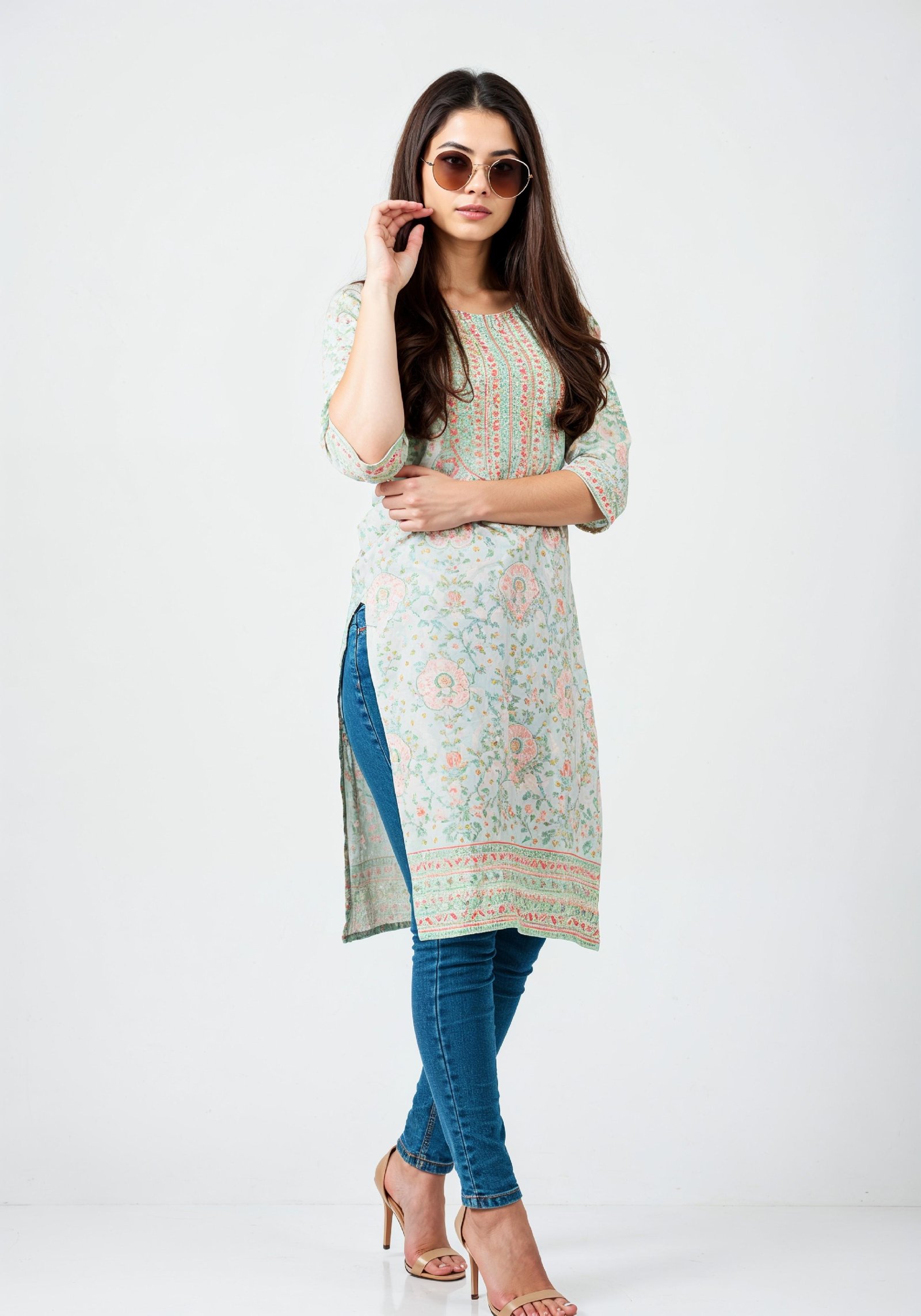 Elegant Young Woman in Traditional Printed Kurti and Jeans Ethnic Fashion Portrait