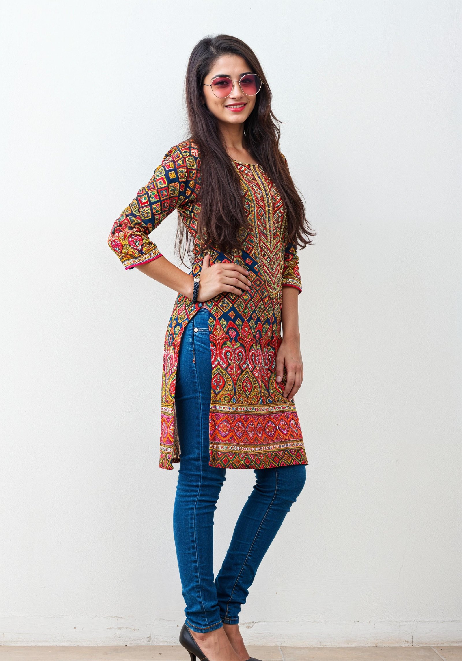 Elegant Young Woman in Traditional Printed Kurti and Jeans Ethnic Fashion Portrait