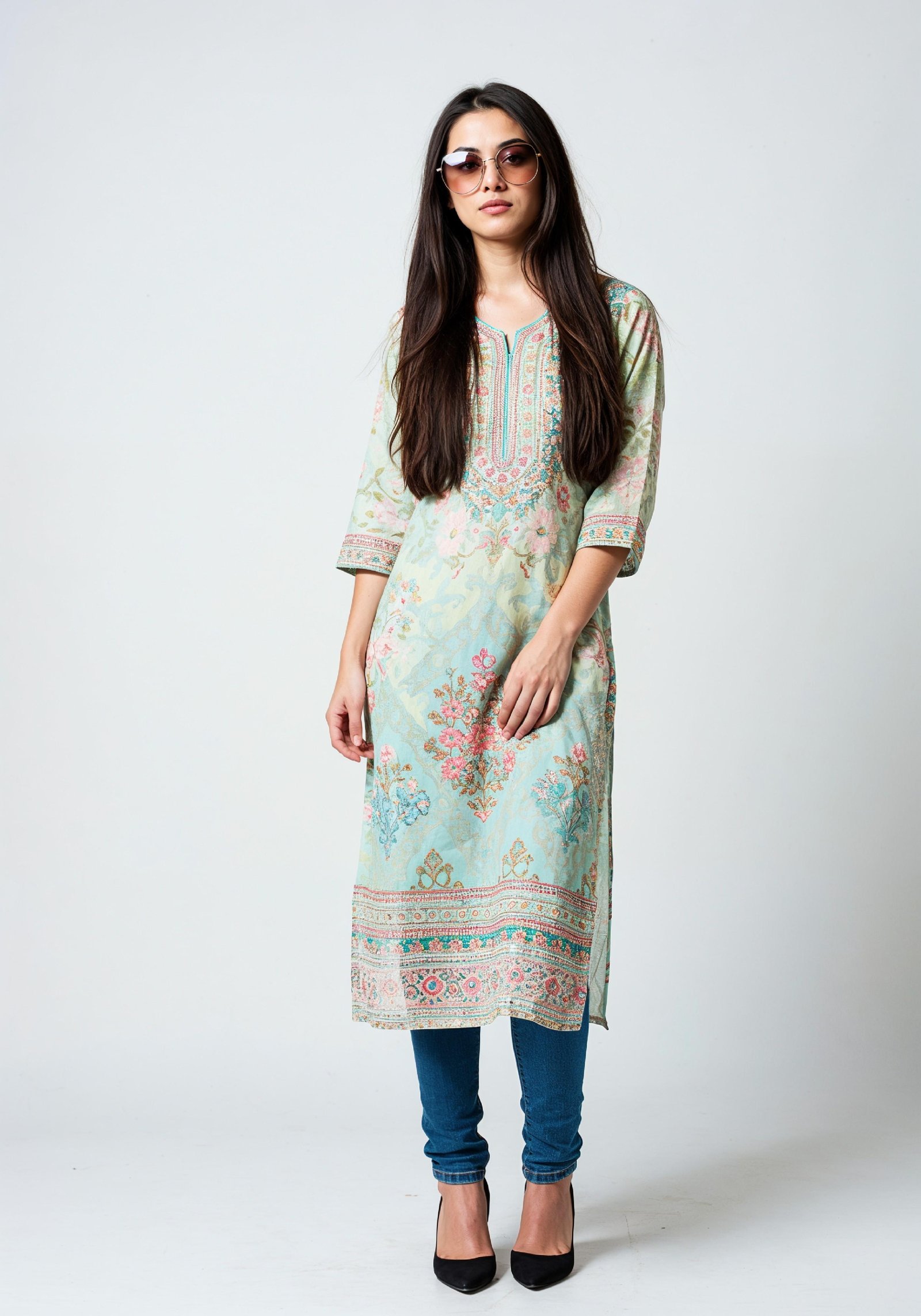 Elegant Young Woman in Traditional Printed Kurti and Jeans Ethnic Fashion Portrait