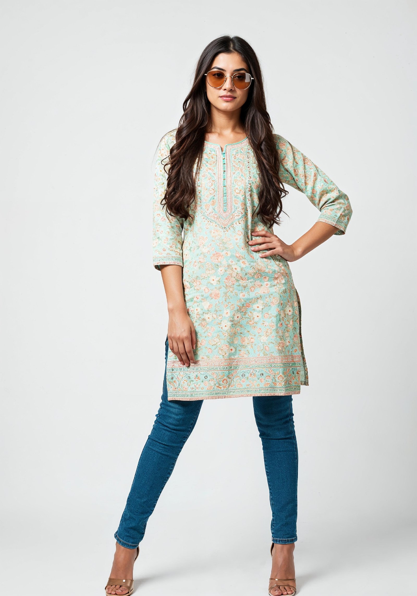 Elegant Young Woman in Traditional Printed Kurti and Jeans Ethnic Fashion Portrait
