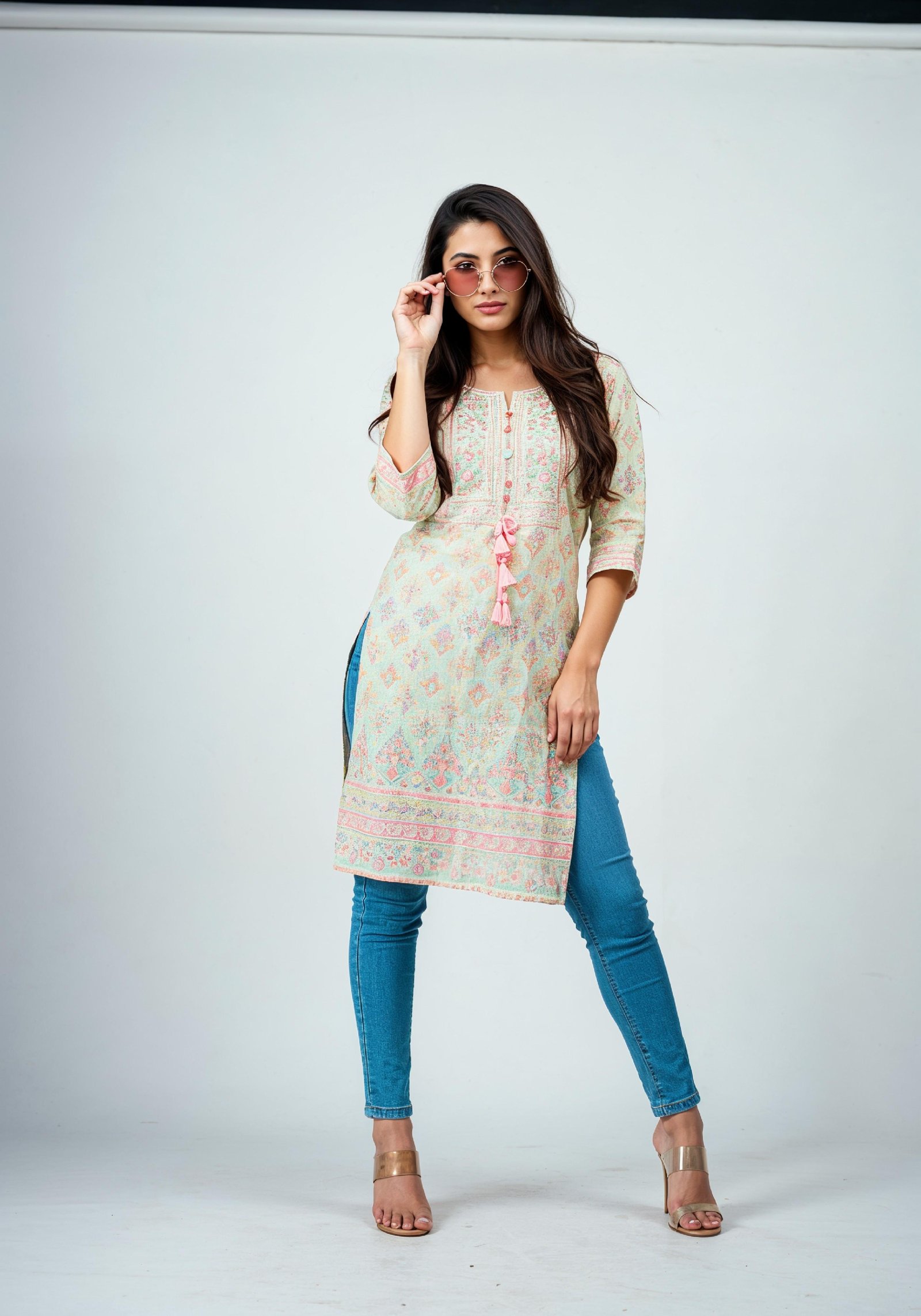 Elegant Young Woman in Traditional Printed Kurti and Jeans Ethnic Fashion Portrait