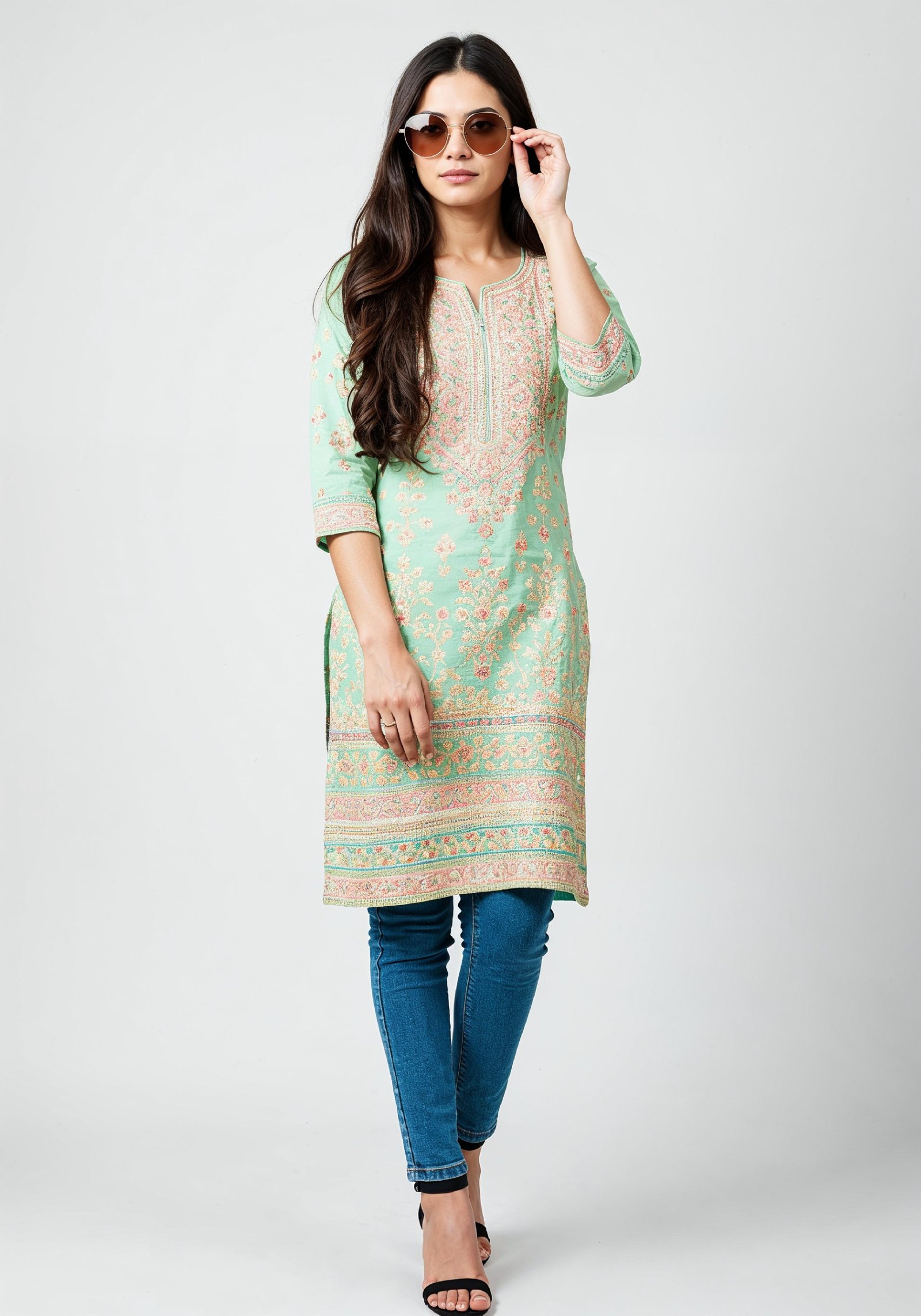 Elegant Young Woman in Traditional Printed Kurti and Jeans Ethnic Fashion Portrait