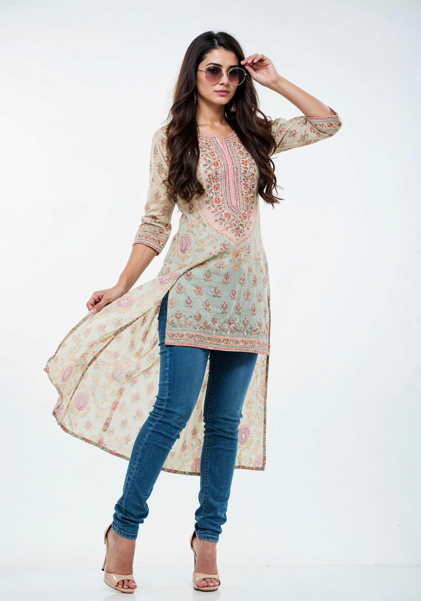 Elegant Young Woman in Traditional Printed Kurti and Jeans Ethnic Fashion Portrait