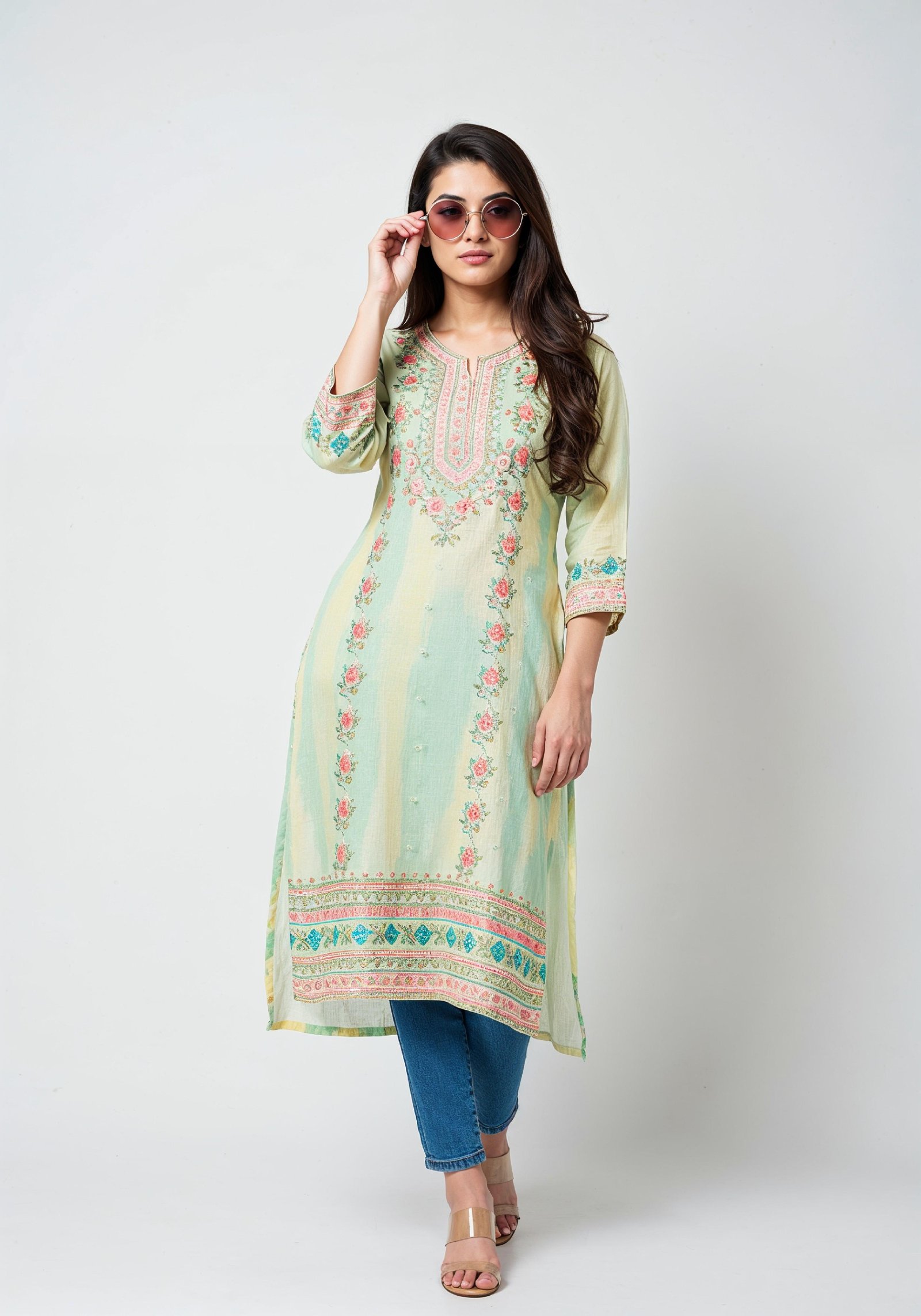 Elegant Young Woman in Traditional Printed Kurti and Jeans Ethnic Fashion Portrait