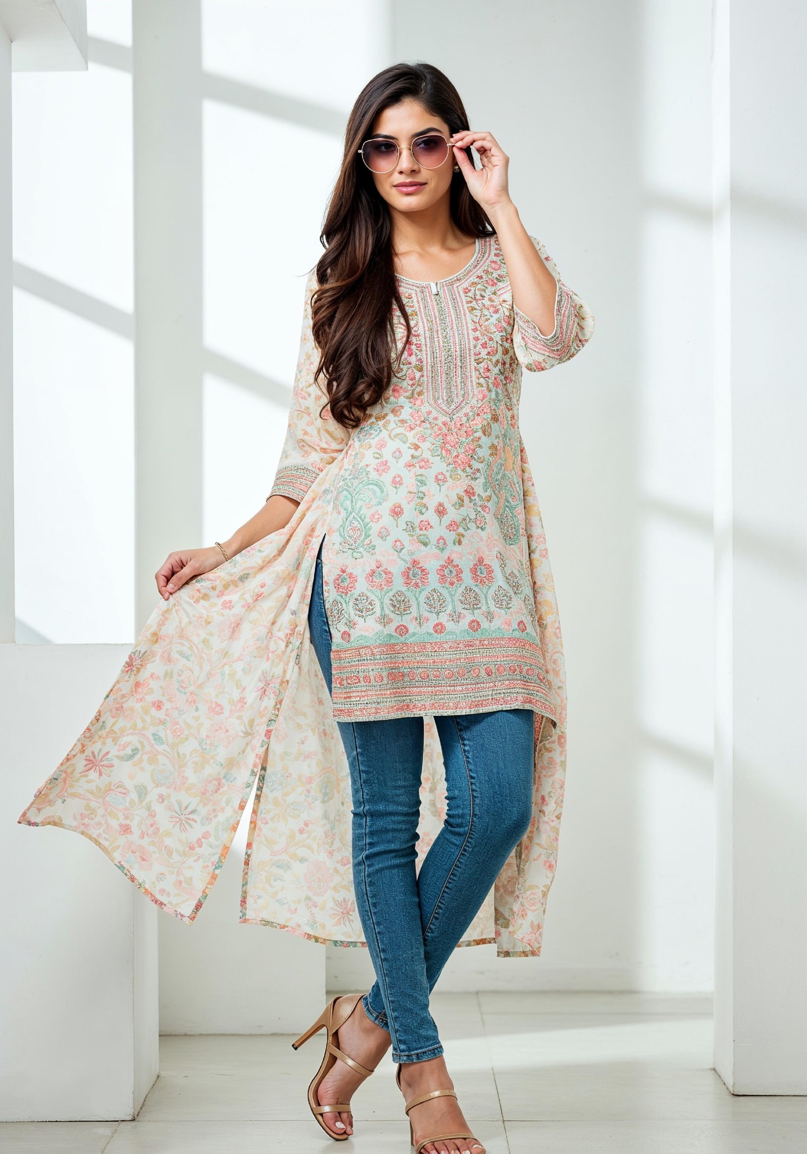 Elegant Young Woman in Traditional Printed Kurti and Jeans Ethnic Fashion Portrait