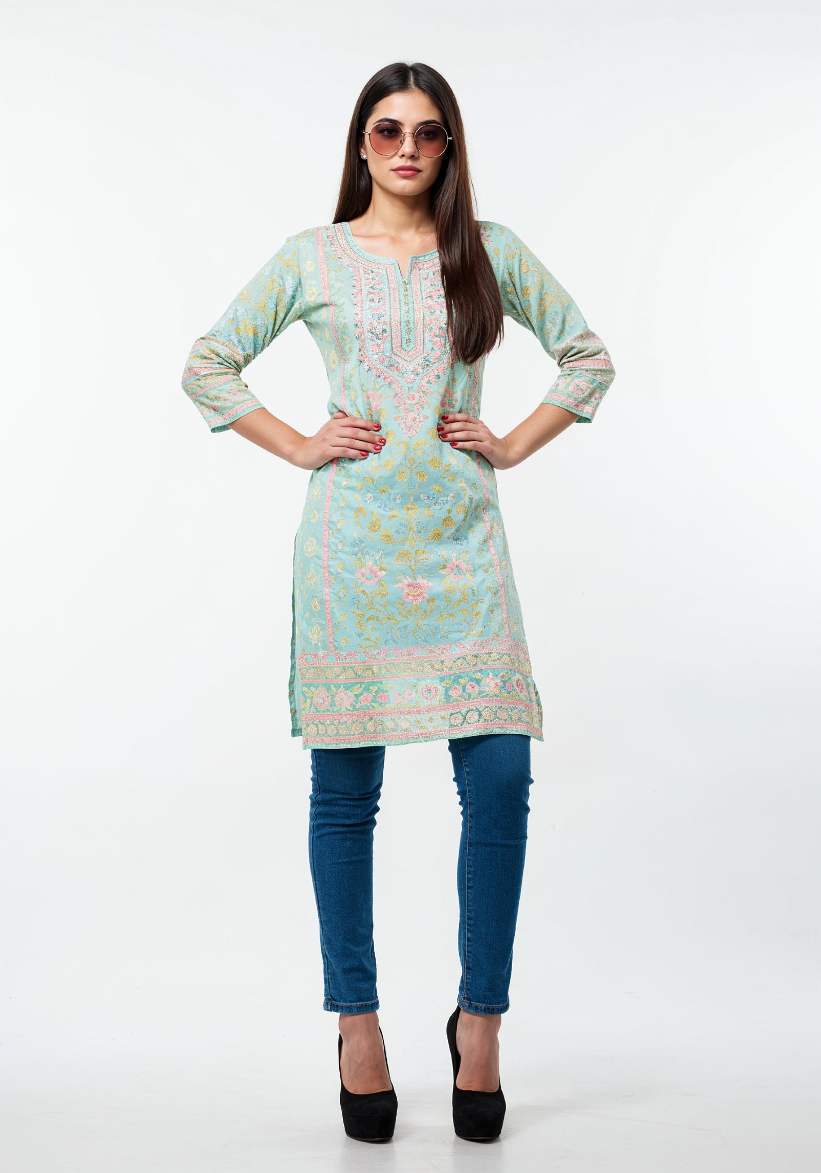 Elegant Young Woman in Traditional Printed Kurti and Jeans Ethnic Fashion Portrait