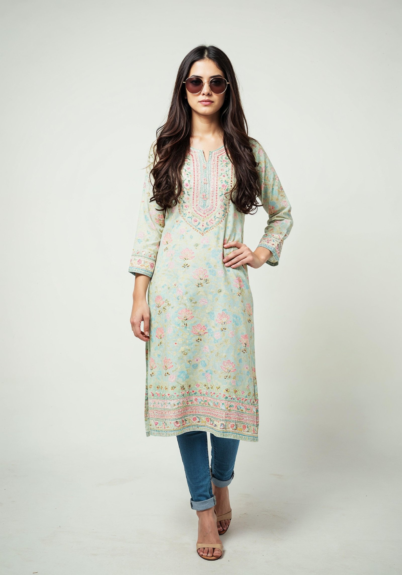 Elegant Young Woman in Traditional Printed Kurti and Jeans Ethnic Fashion Portrait
