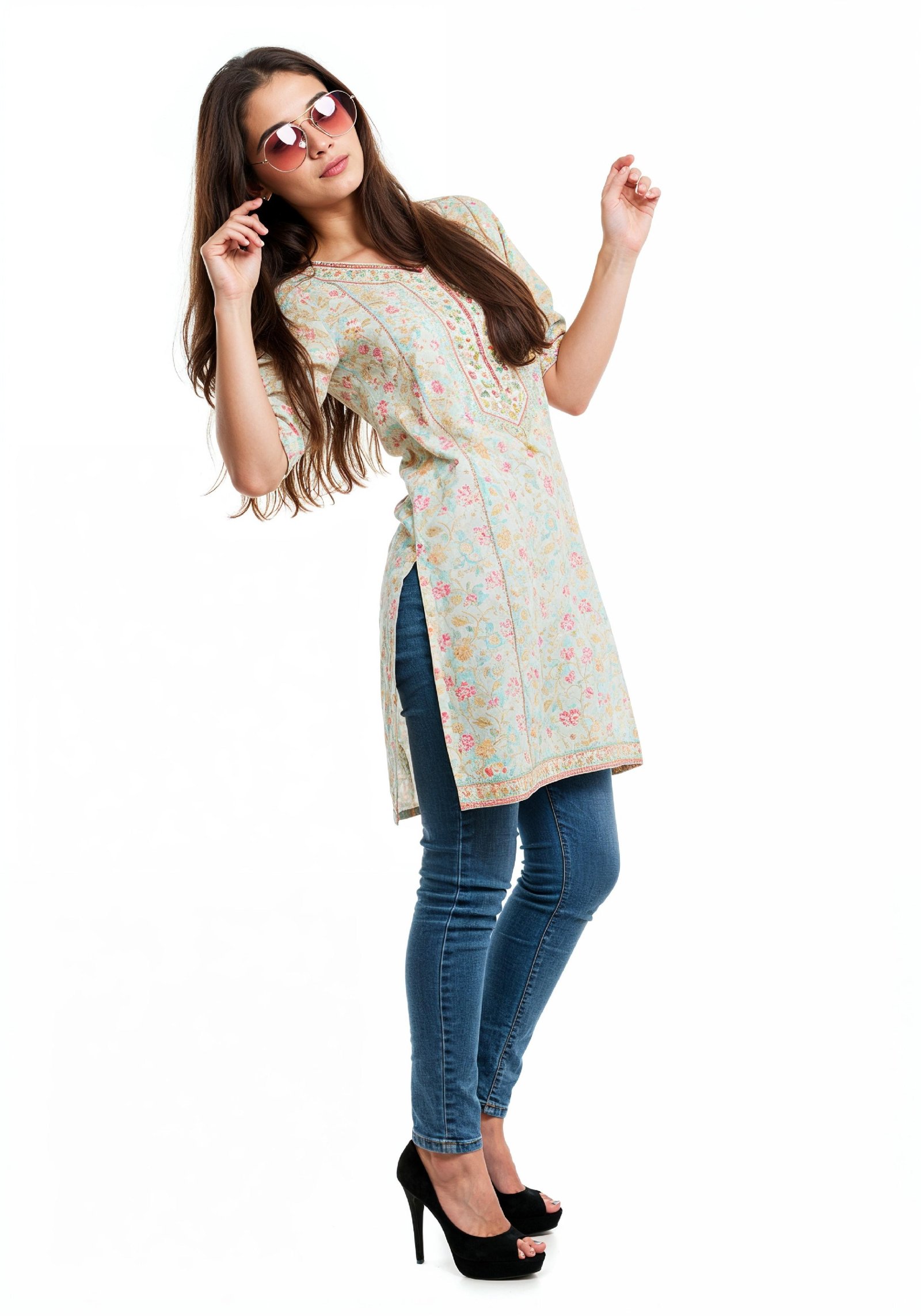 Elegant Young Woman in Traditional Printed Kurti and Jeans Ethnic Fashion Portrait