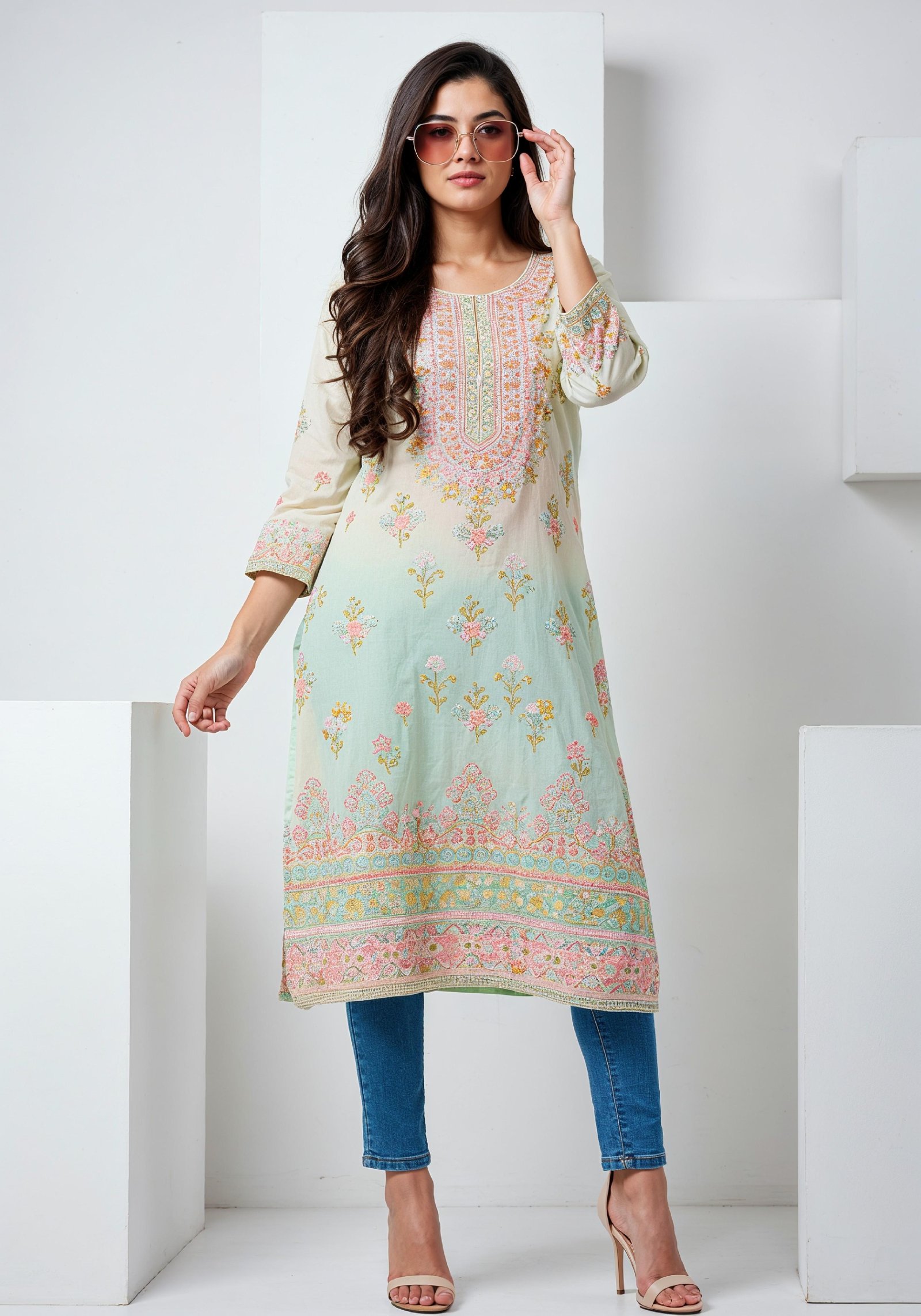 Elegant Young Woman in Traditional Printed Kurti and Jeans Ethnic Fashion Portrait