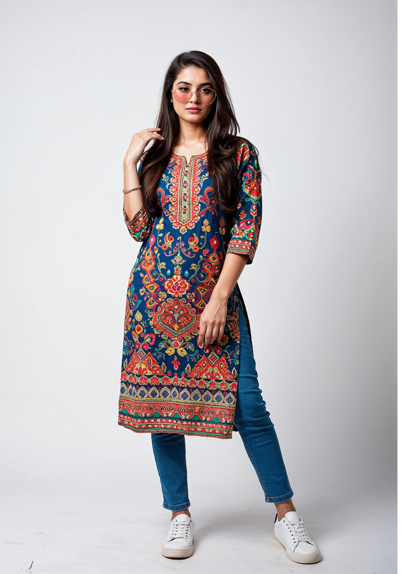 Elegant Young Woman in Traditional Printed Kurti and Jeans Ethnic Fashion Portrait