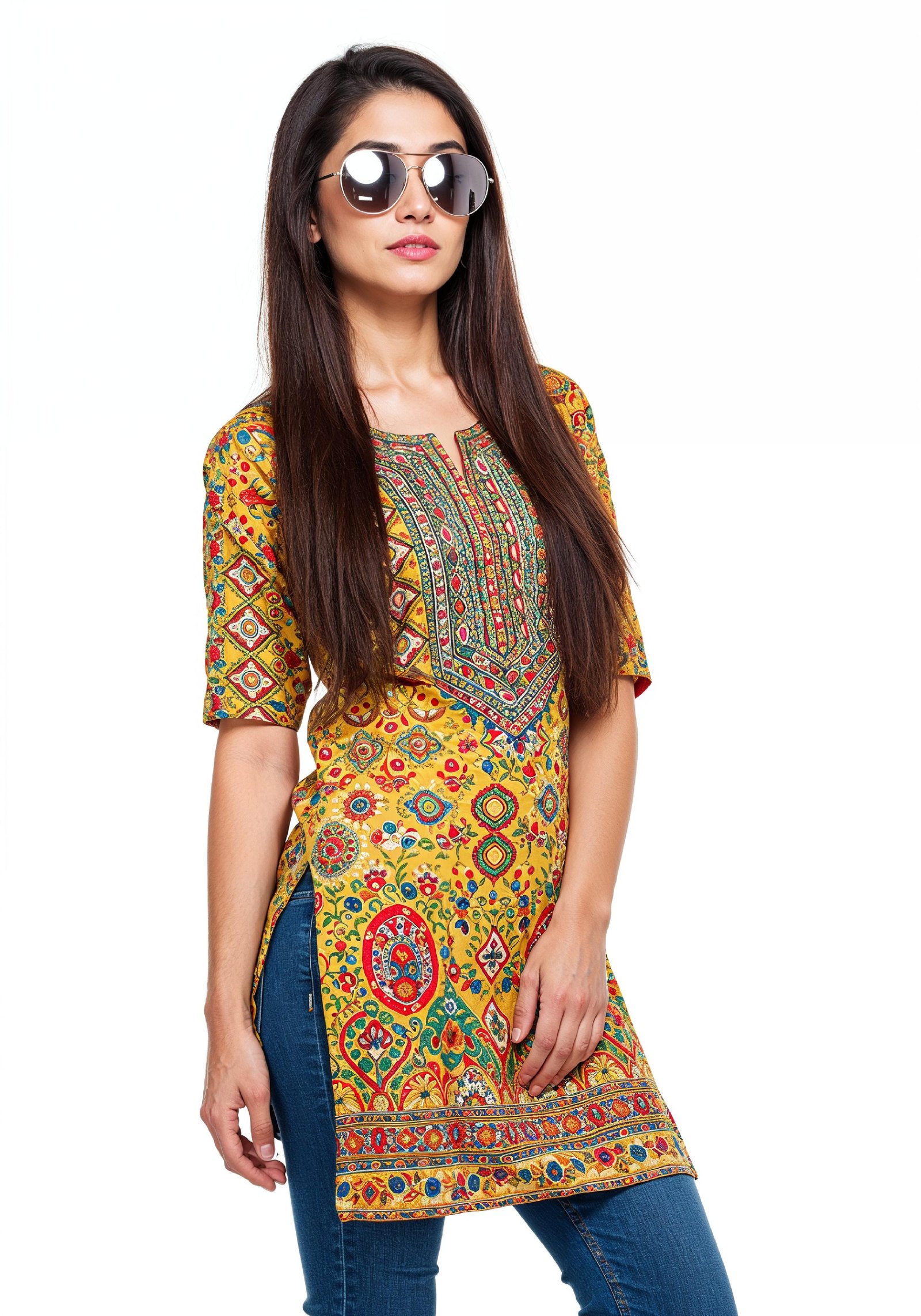 Elegant Young Woman in Traditional Printed Kurti and Jeans Ethnic Fashion Portrait