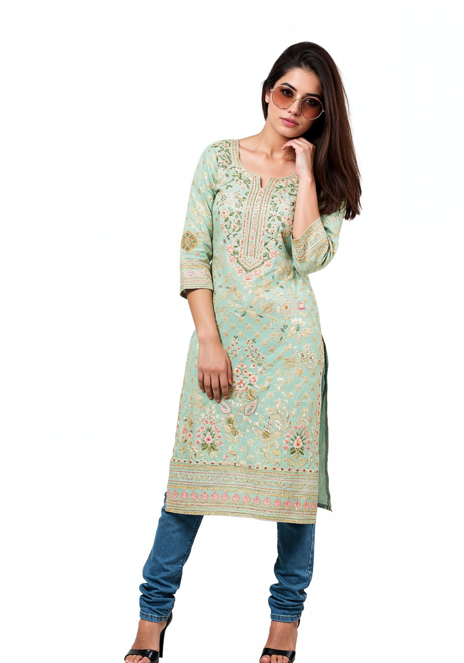 Elegant Young Woman in Traditional Printed Kurti and Jeans Ethnic Fashion Portrait