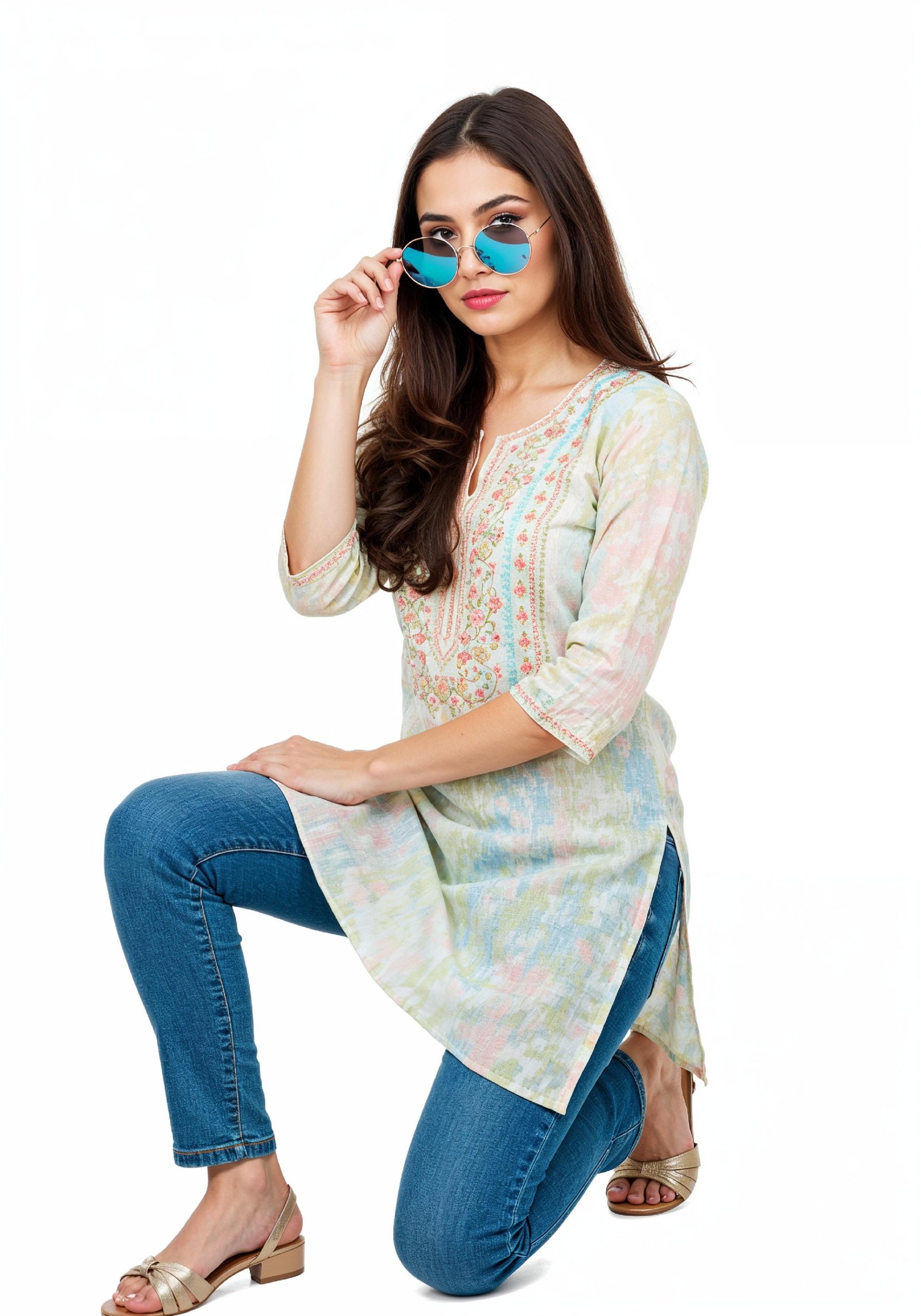 Elegant Young Woman in Traditional Printed Kurti and Jeans Ethnic Fashion Portrait