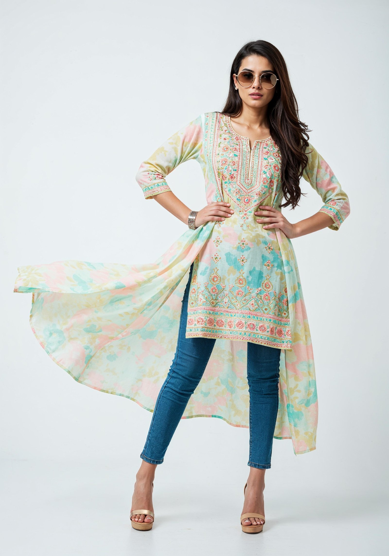 Elegant Young Woman in Traditional Printed Kurti and Jeans Ethnic Fashion Portrait