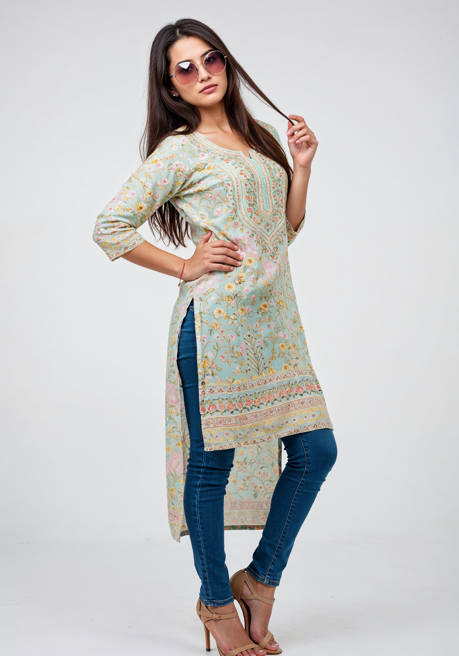 Elegant Young Woman in Traditional Printed Kurti and Jeans Ethnic Fashion Portrait