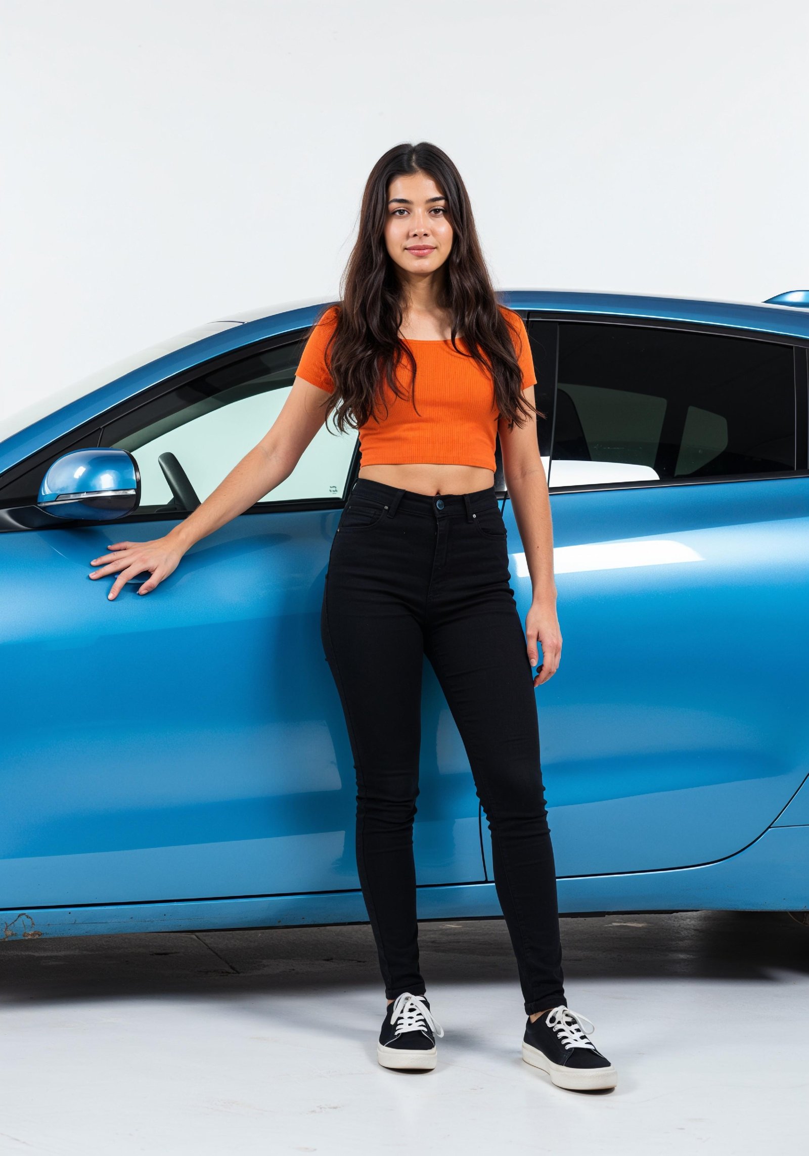 Elegant Young Woman Standing Beside Luxury Car in Fashion Lifestyle Portrait
