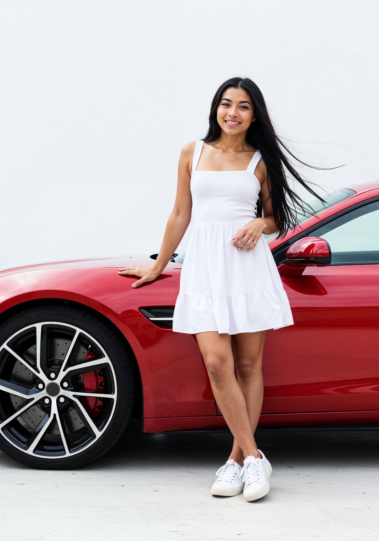 Elegant Young Woman Standing Beside Luxury Car in Fashion Lifestyle Portrait