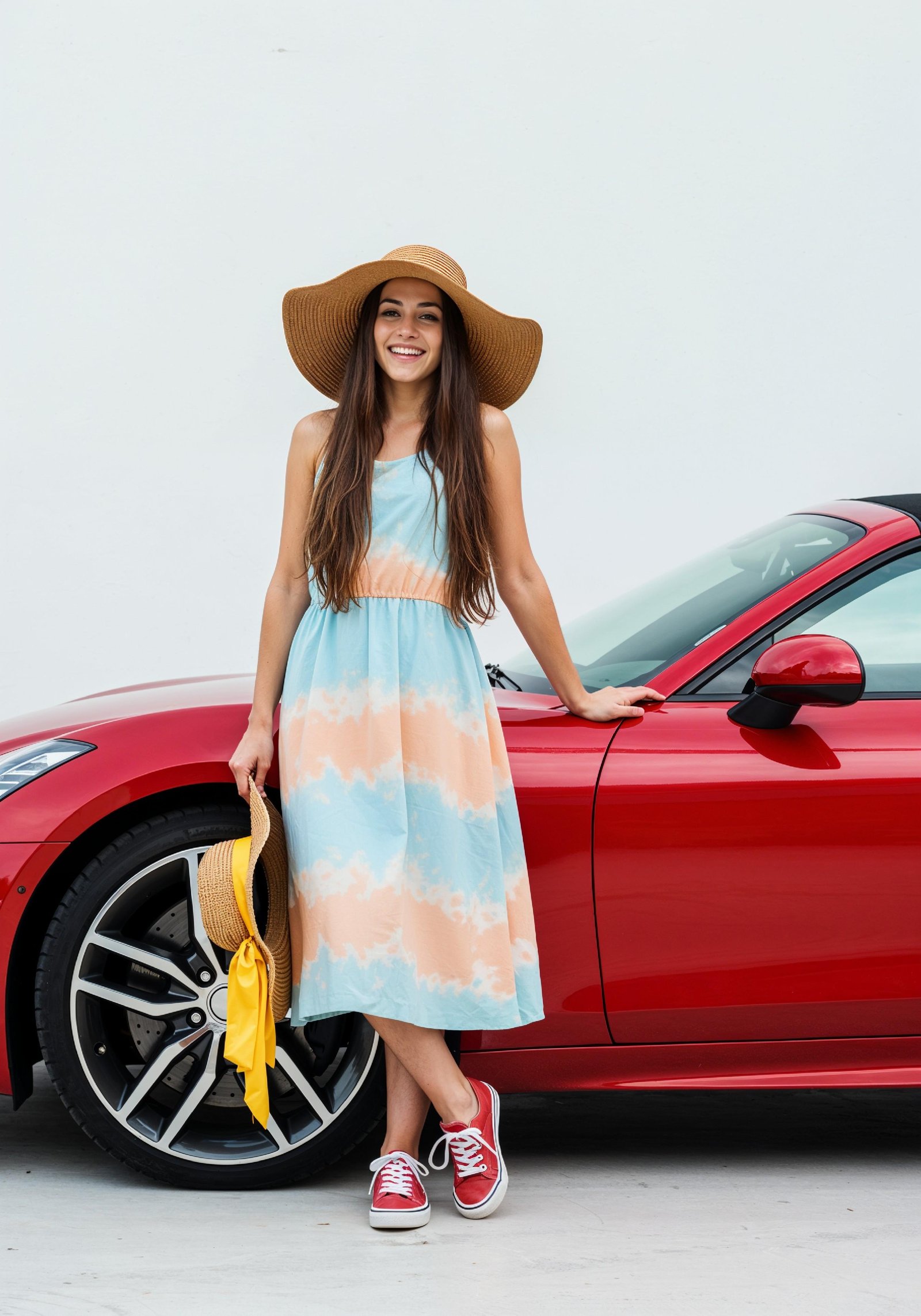 Elegant Young Woman Standing Beside Luxury Car in Fashion Lifestyle Portrait