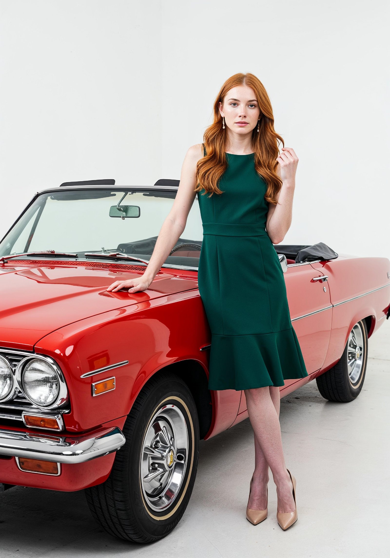 Elegant Young Woman Standing Beside Luxury Car in Fashion Lifestyle Portrait