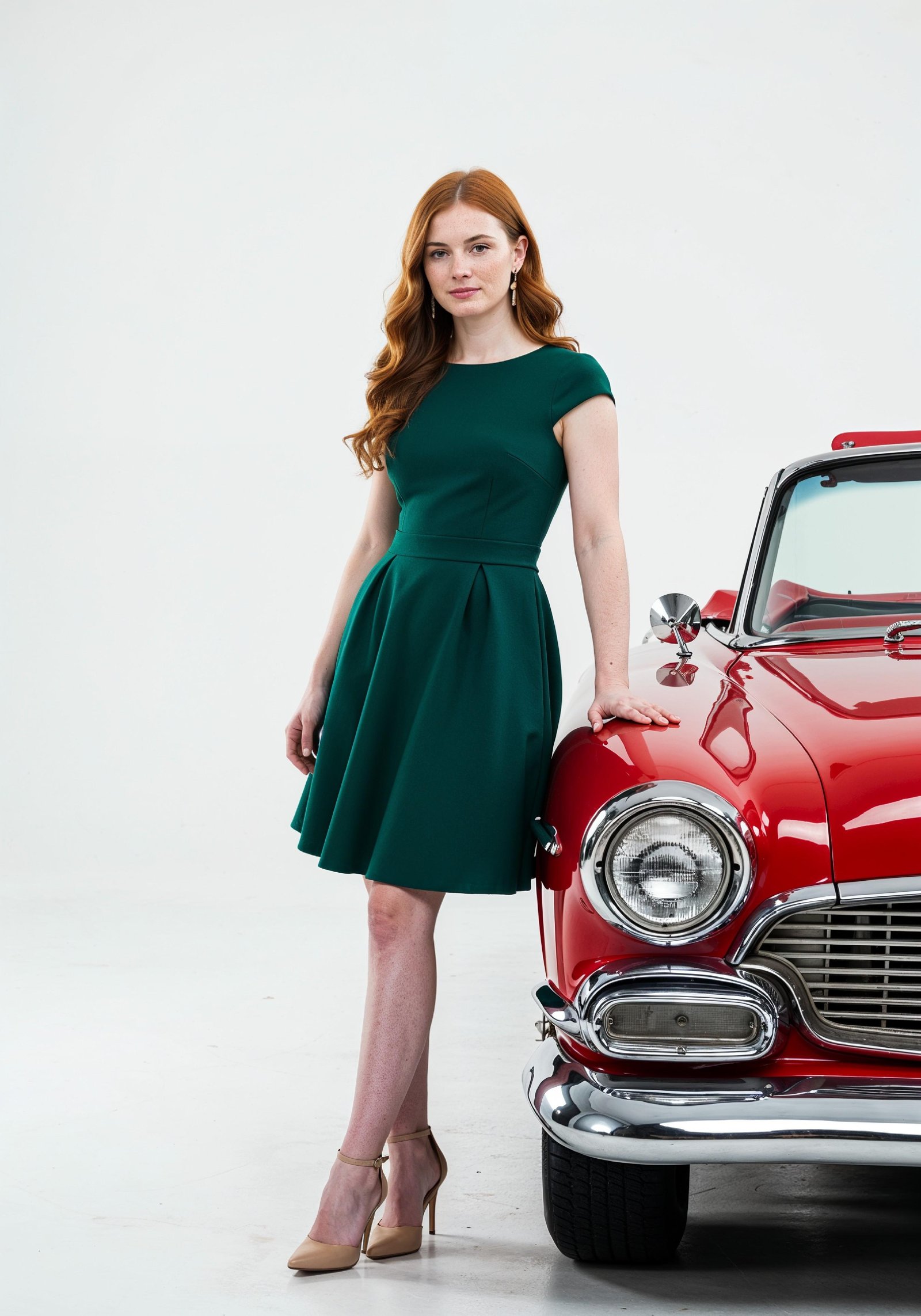 Elegant Young Woman Standing Beside Luxury Car in Fashion Lifestyle Portrait