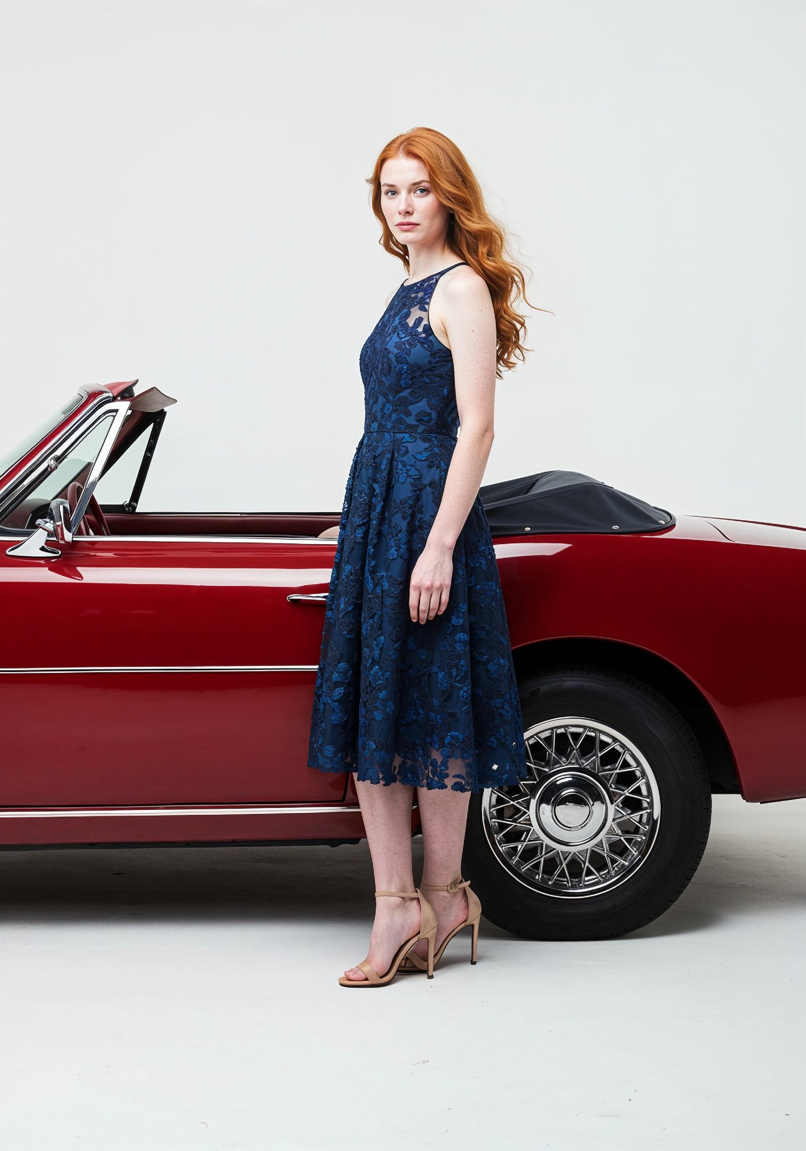 Elegant Young Woman Standing Beside Luxury Car in Fashion Lifestyle Portrait