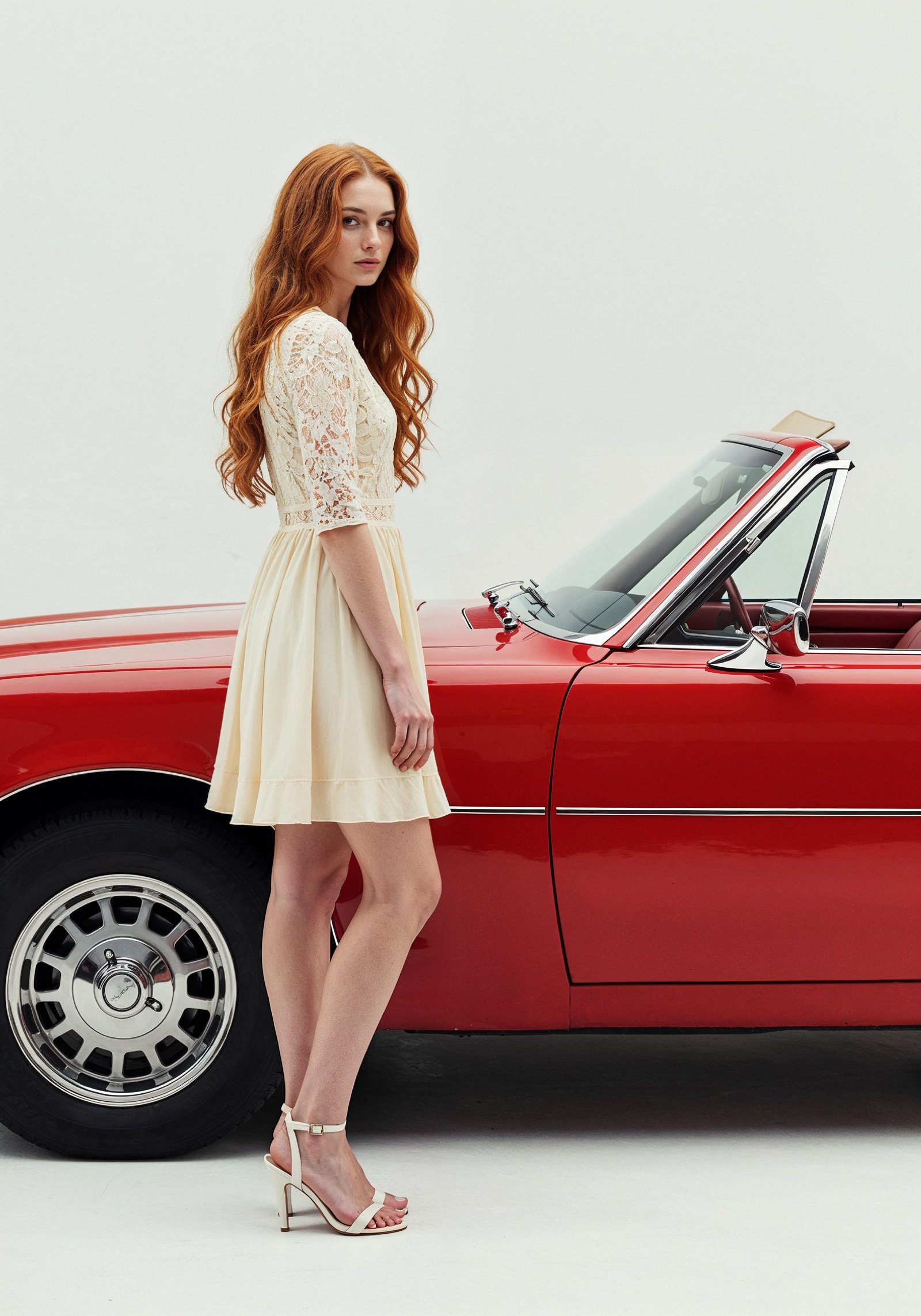 Elegant Young Woman Standing Beside Luxury Car in Fashion Lifestyle Portrait