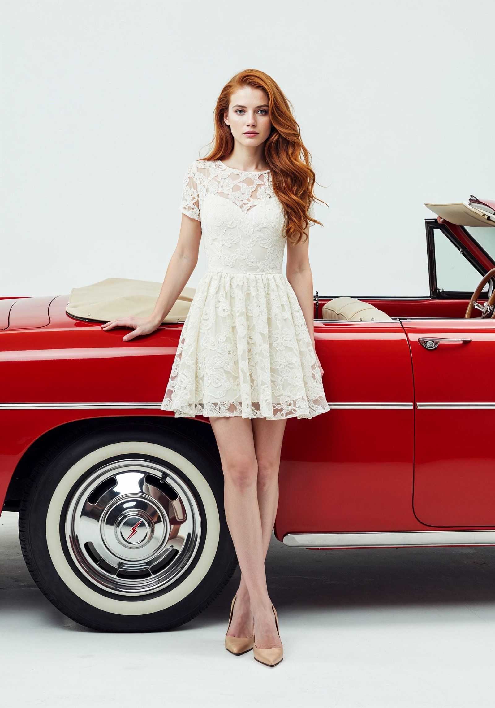 Elegant Young Woman Standing Beside Luxury Car in Fashion Lifestyle Portrait